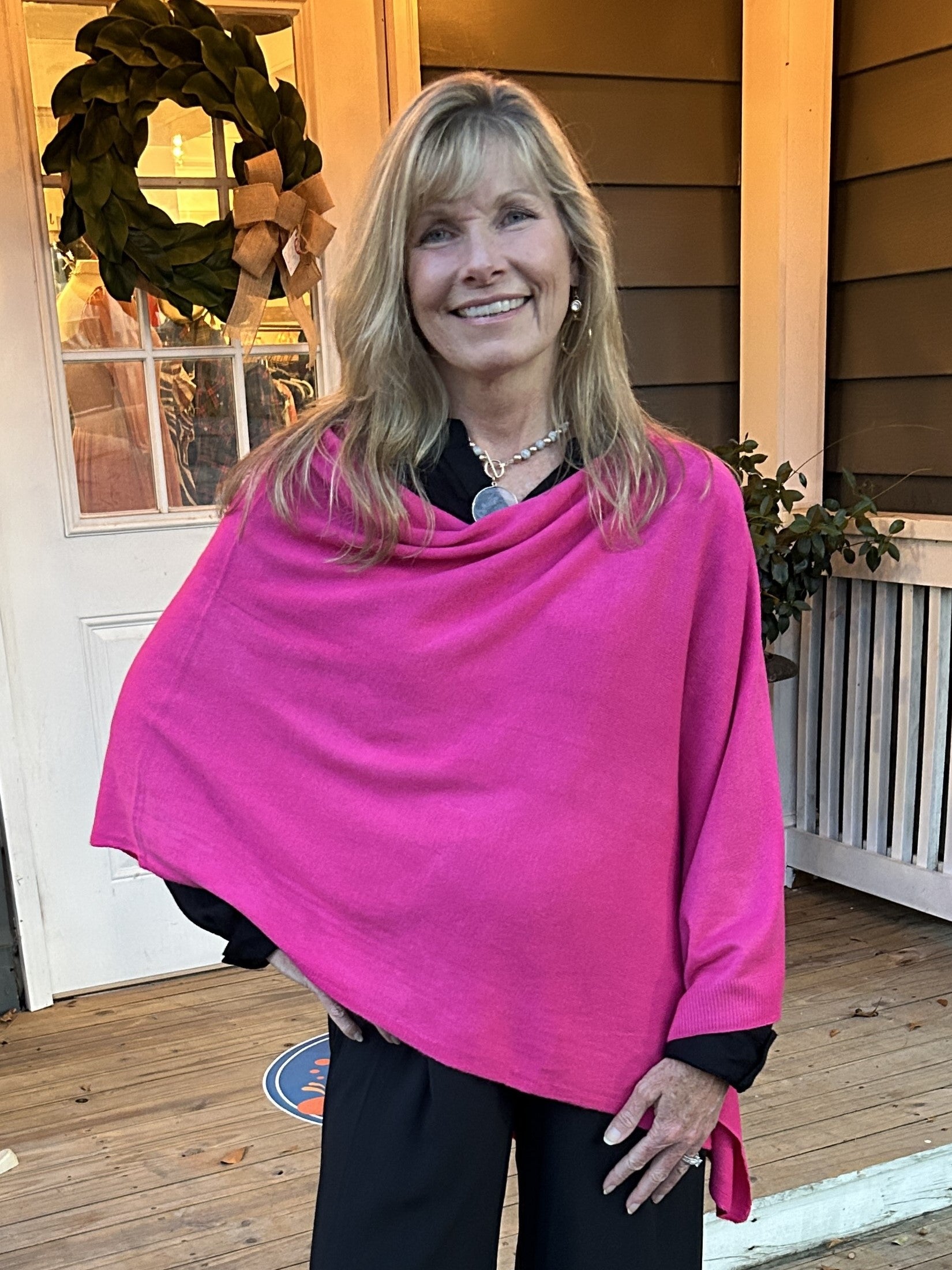Our best selling poncho in hot pink is a statement maker!