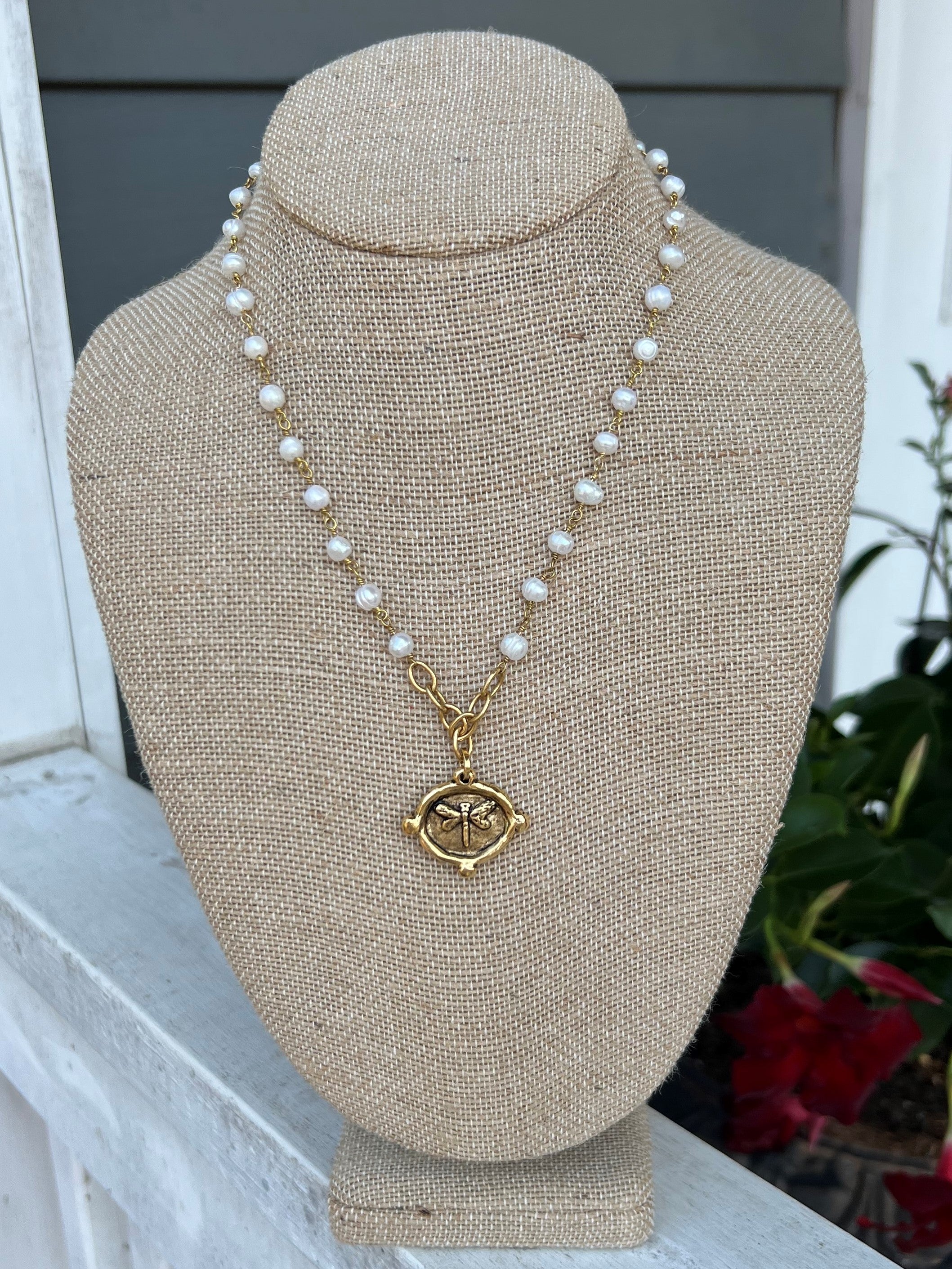 Gold & Pearl Necklace with Butterfly Oval Pendant