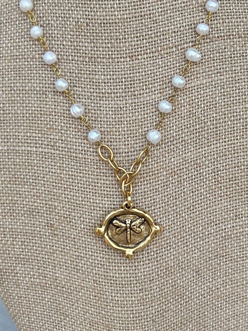 Gold & Pearl Necklace with Butterfly Oval Pendant