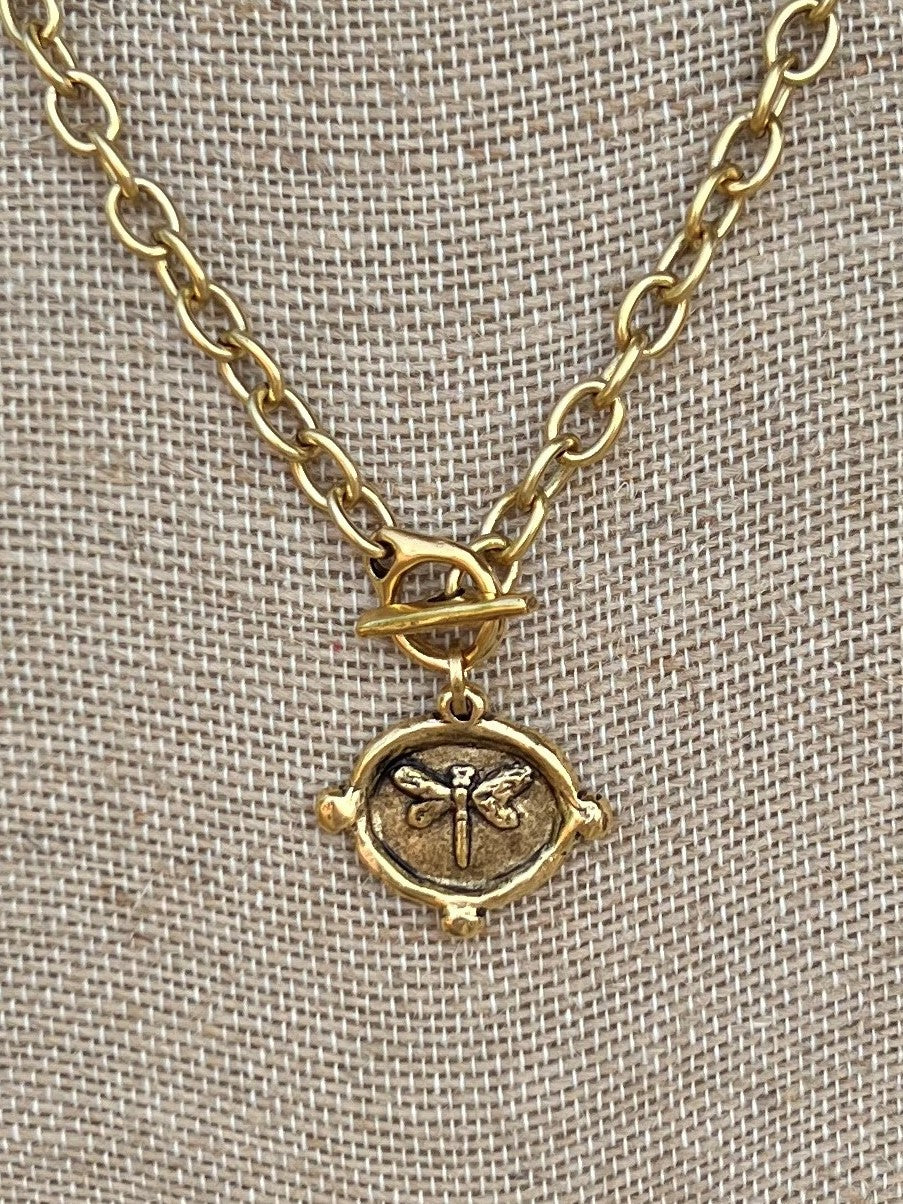 Hammered Gold Necklace with Butterfly Oval Pendant