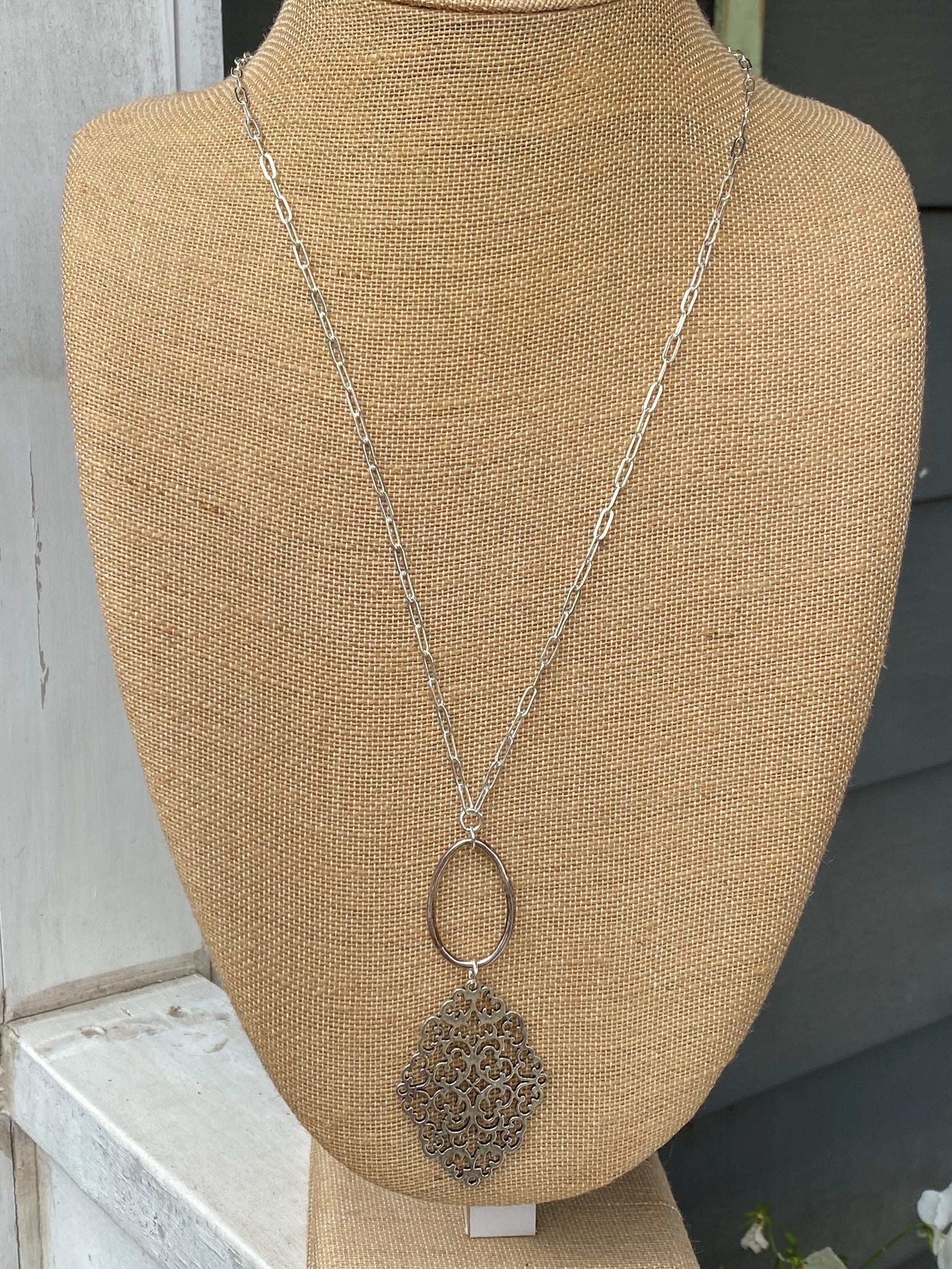Long Necklace with Oval & Ornate Drops