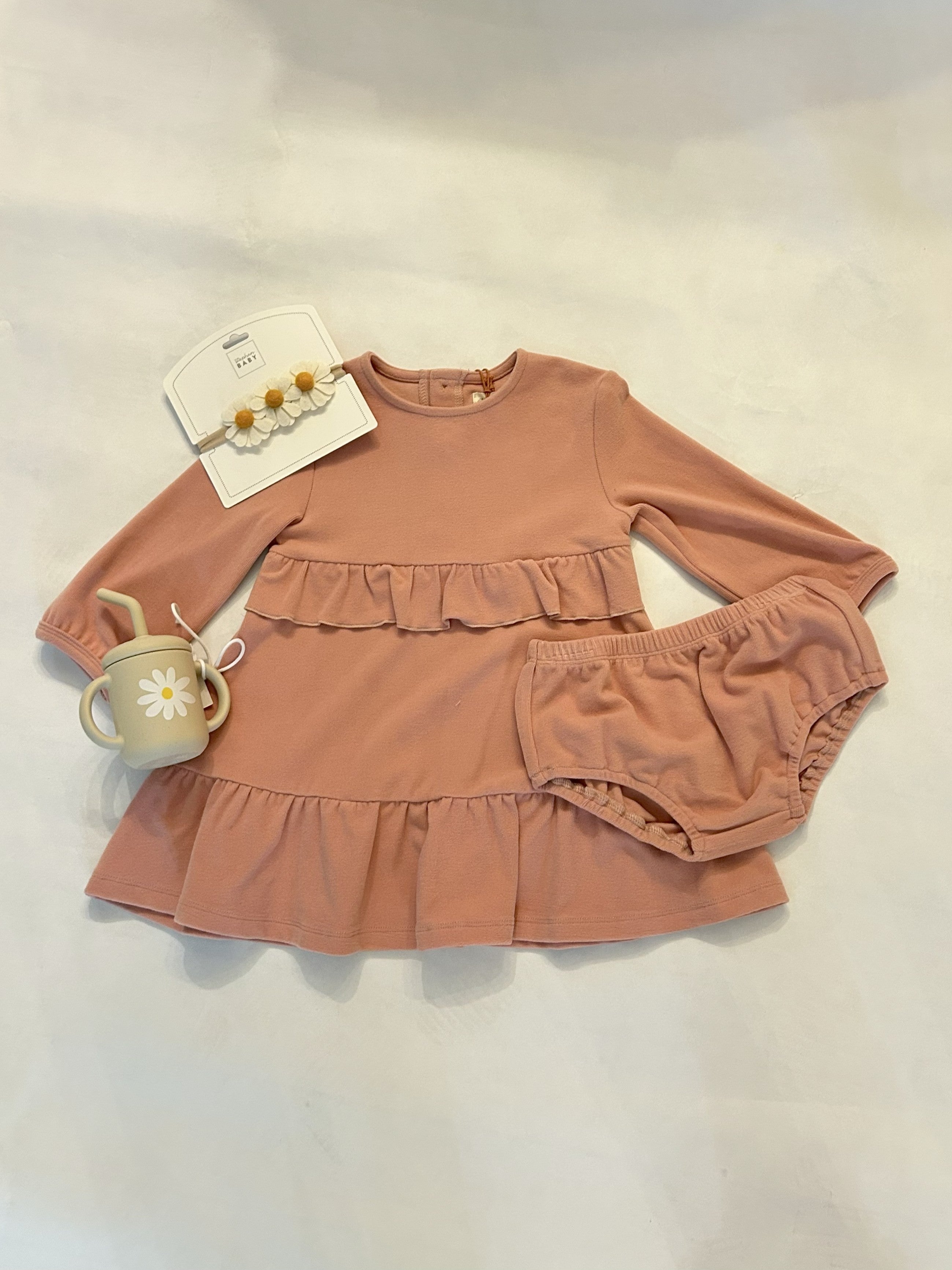 Dress your little one in charming elegance with this deep dusty rose long sleeve baby dress. Featuring delicate ruffles on the bodice and tiered hem, it adds a touch of sweetness to any occasion. The included bloomers ensure comfort and complete the adorable look, making it perfect for both everyday wear and special moments.

Accessories not included.