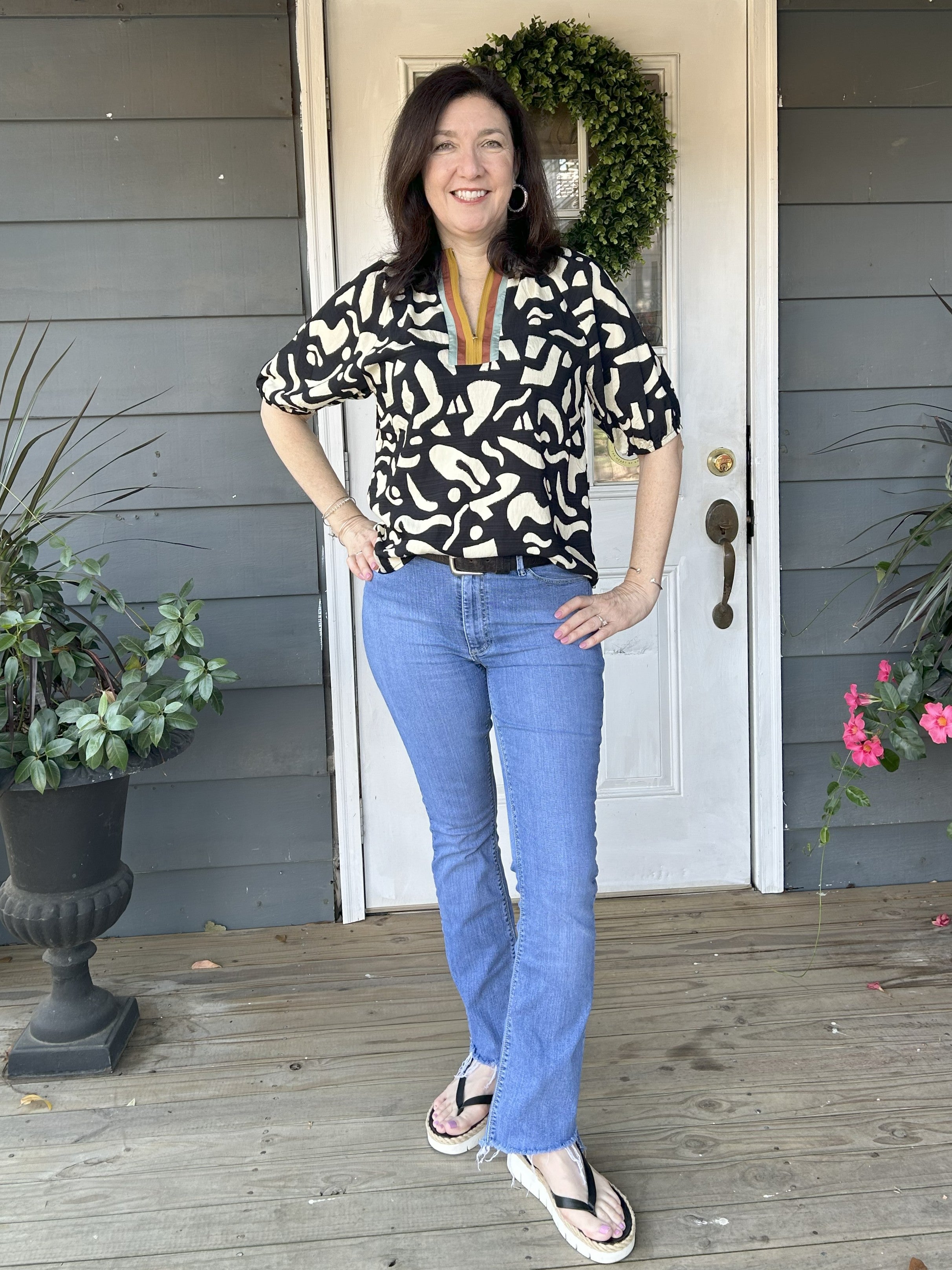 Short Sleeve Modern Design Top w/ Contrasting Front Placket