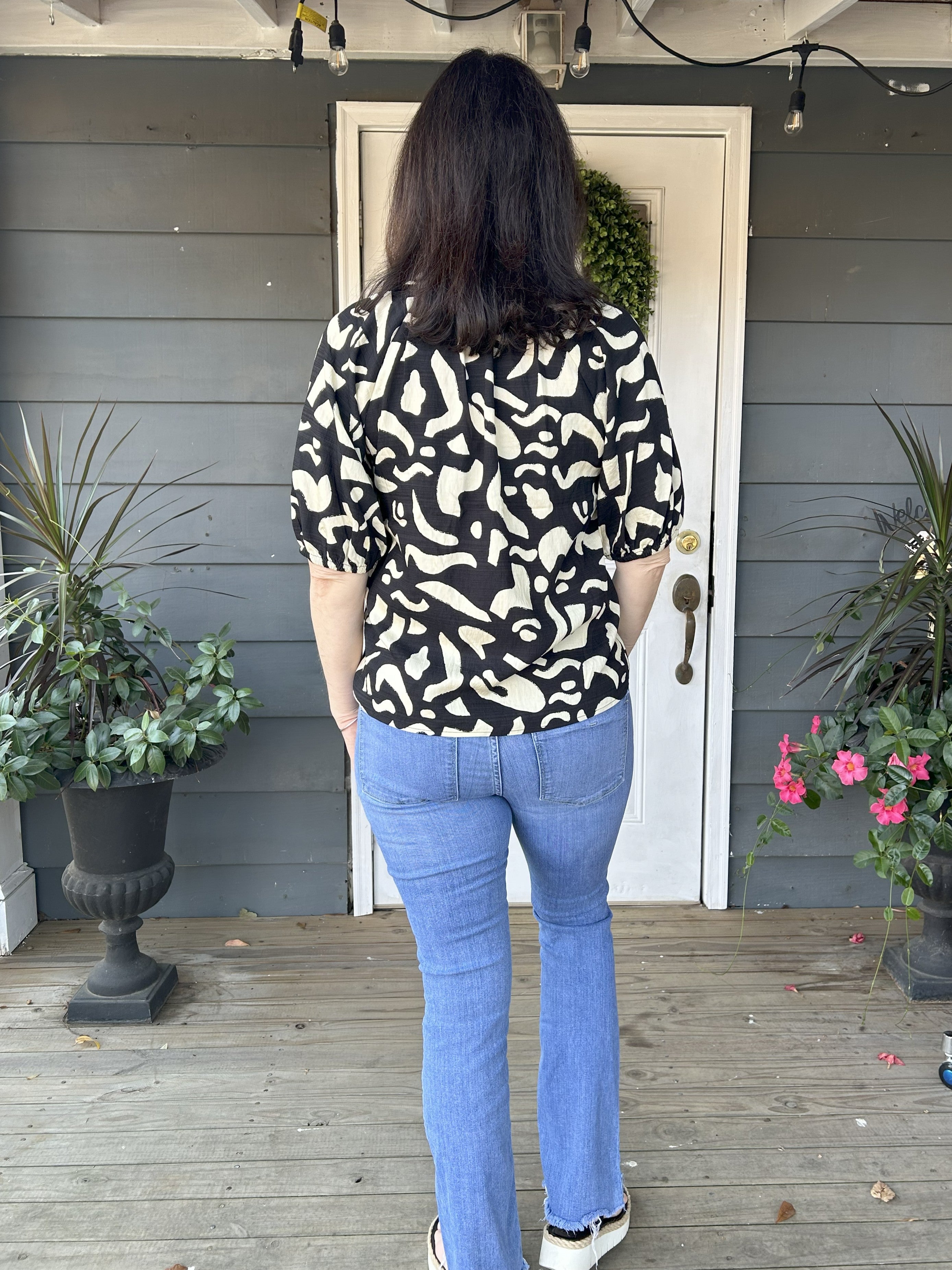 Short Sleeve Modern Design Top w/ Contrasting Front Placket