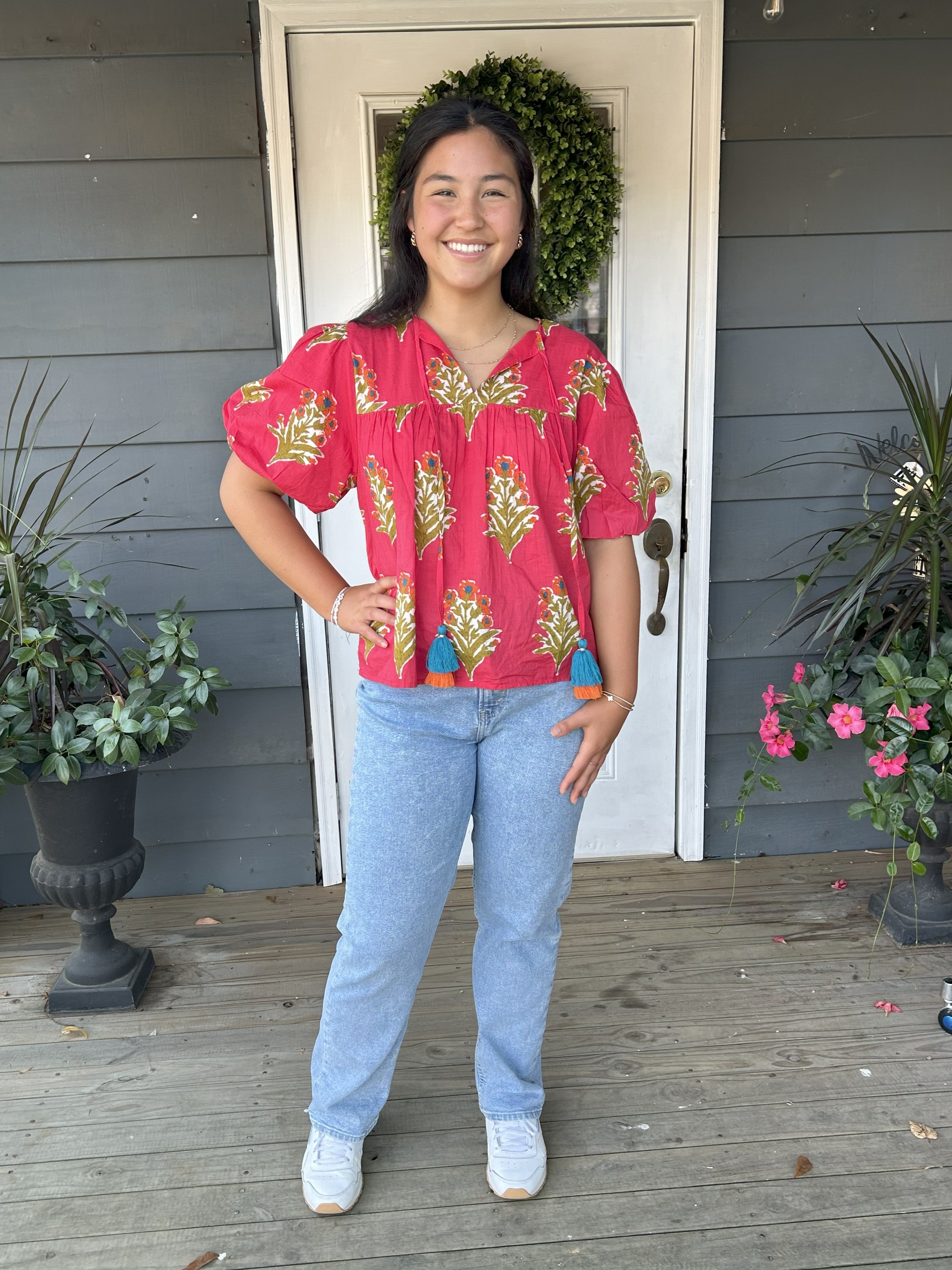 Puff Sleeve Front Tie Top