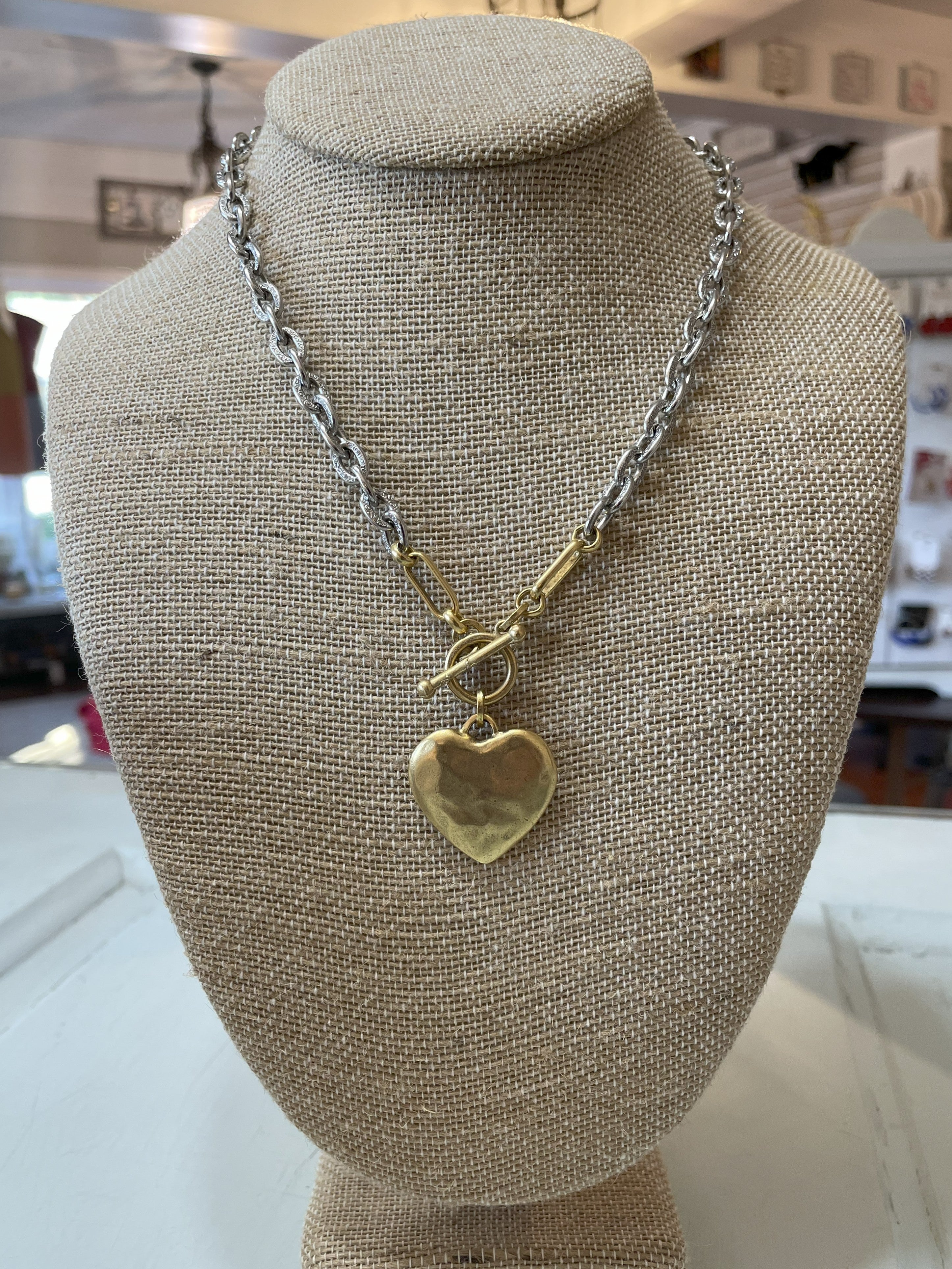 Mixed Metal Necklace w/ Hammered Heart Pendant