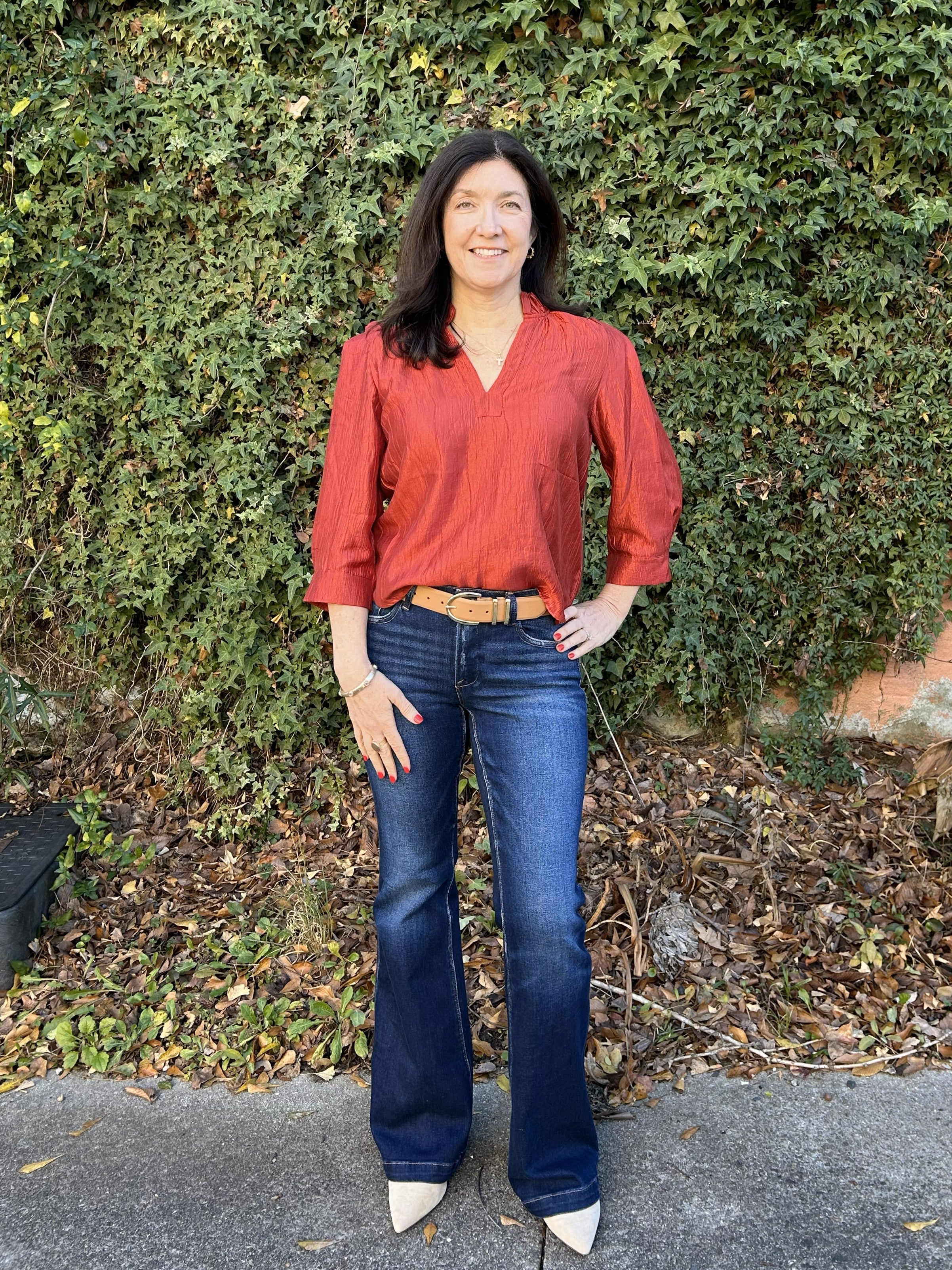 Pleated Sleeve V-Neck Top