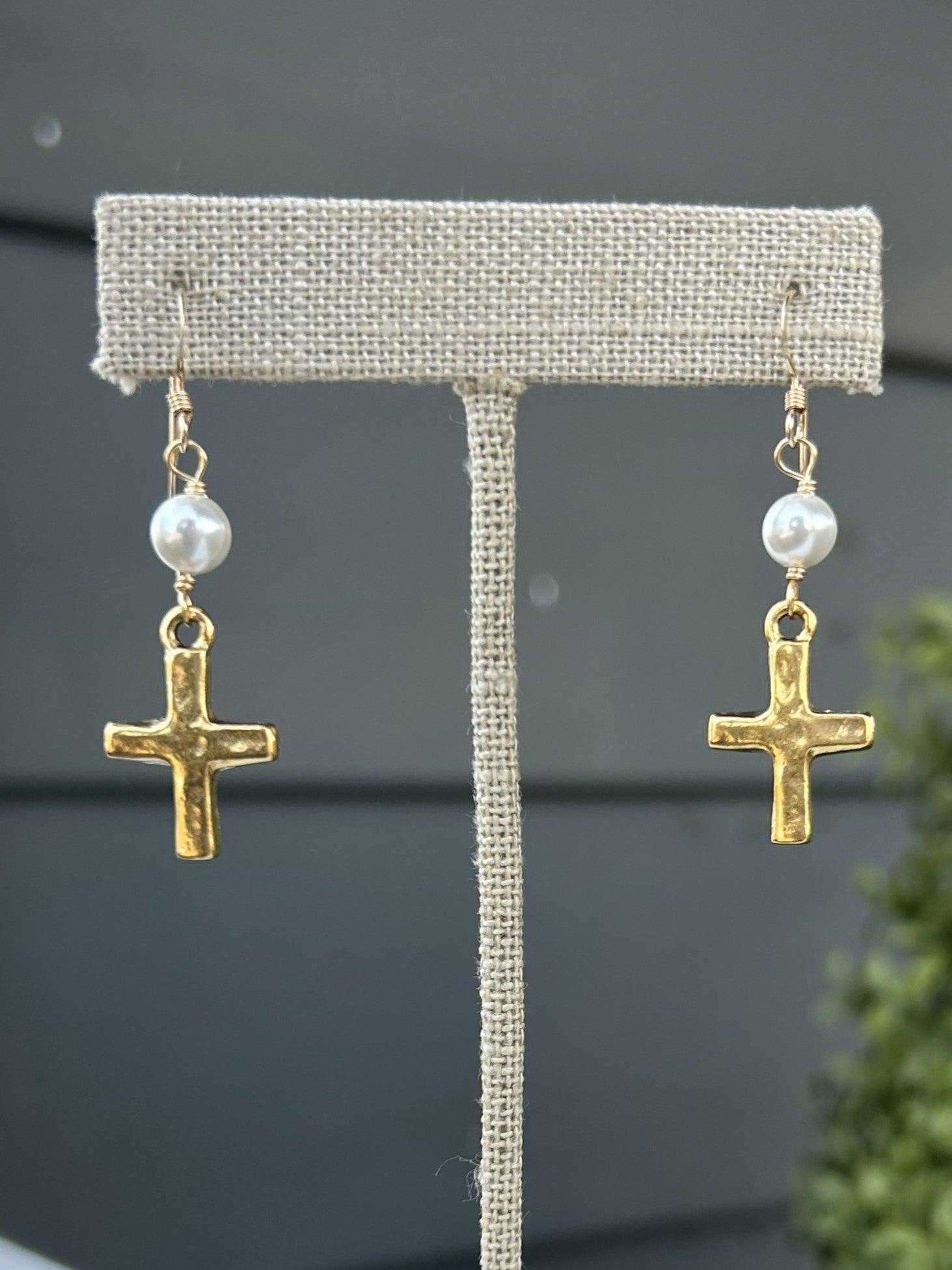 Hammered Cross Earrings w/ Pearl Accent