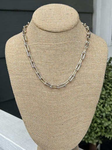 Mix metals with confidence. This short necklace combines warm gold and cool silver in a dynamic alternating pattern, anchored by bold stirrup-shaped links. Layer it over longer pieces for dimension, or let it shine solo as your go-to everyday essential. Modern, playful, and endlessly versatile.

Approximate Length: 18"

Note: Silver N' Accessories jewelry is brass and stainless steel with rhodium and 18 KT gold plated. It's water resistant and anti tarnish, but it's recommended not to wear it in the ocean o