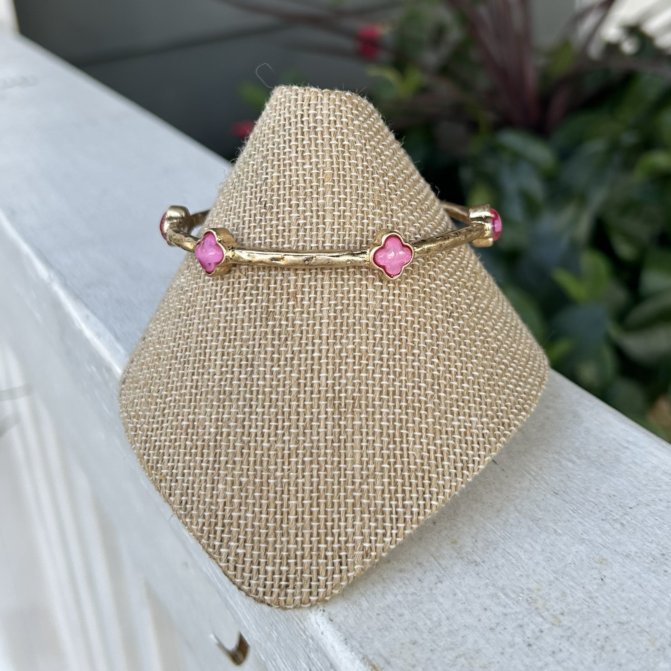 Gold Bangle Bracelets with Colored Clover Accents