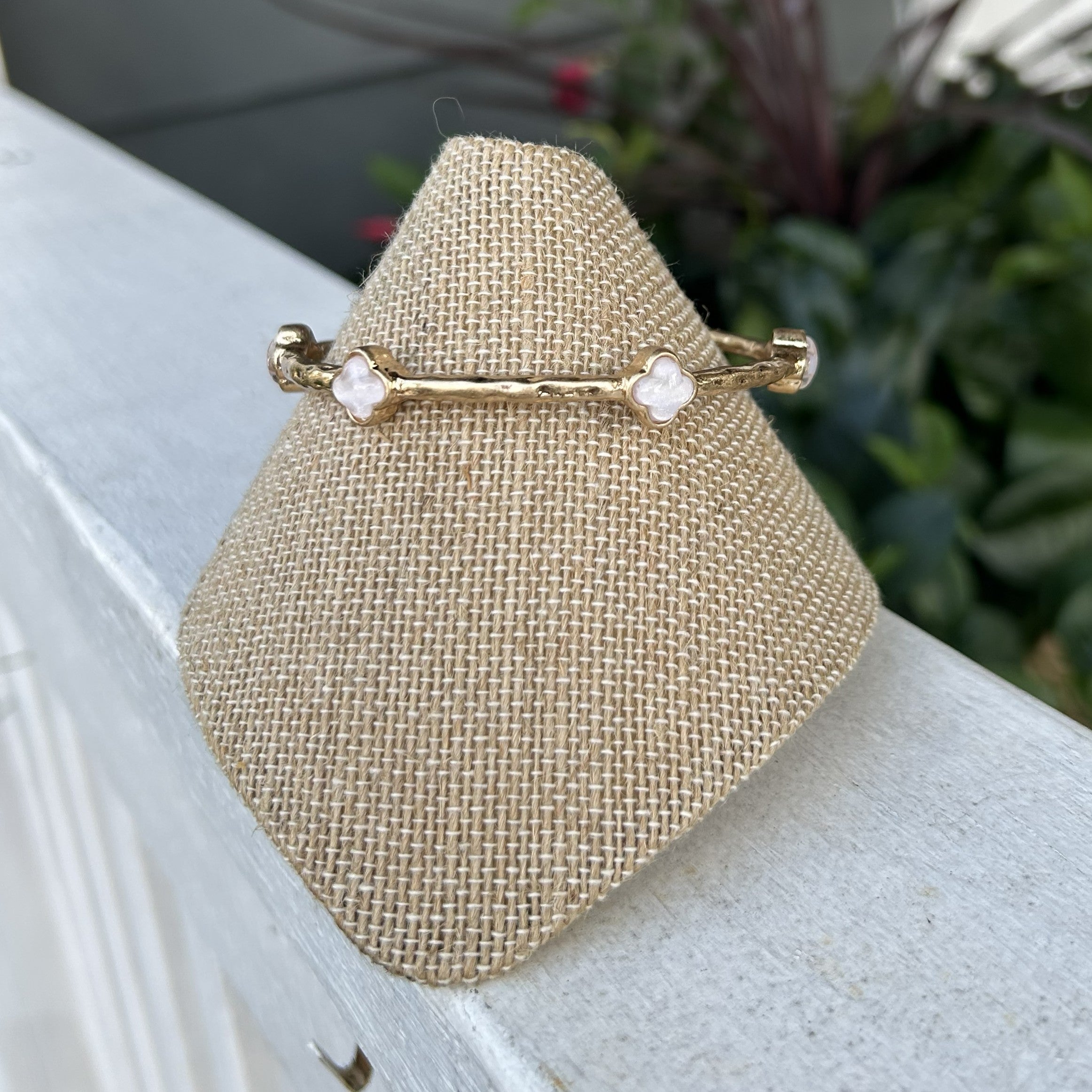 Gold Bangle Bracelets with Colored Clover Accents