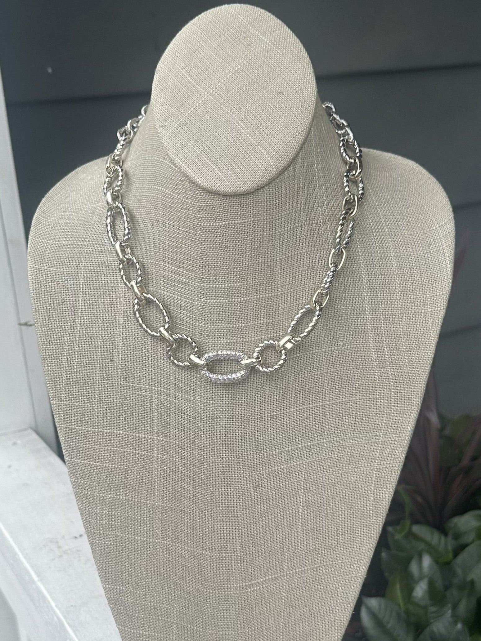 Chunky Silver Necklace w/ Gold & Rhinestone Accents