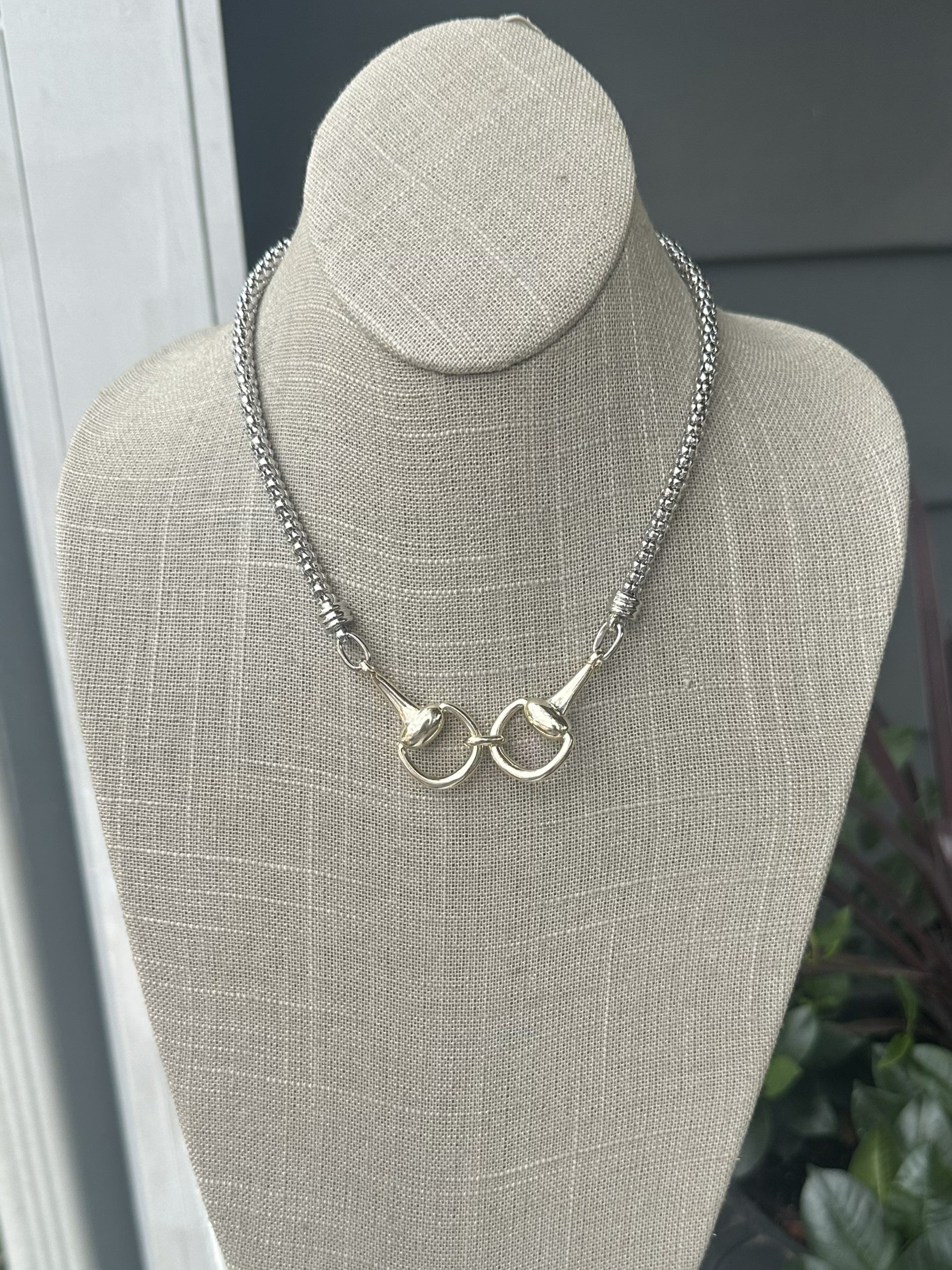 Silver Popcorn Chain Necklace w/ Gold & Rhinestone Snaffle Bit Centerpiece