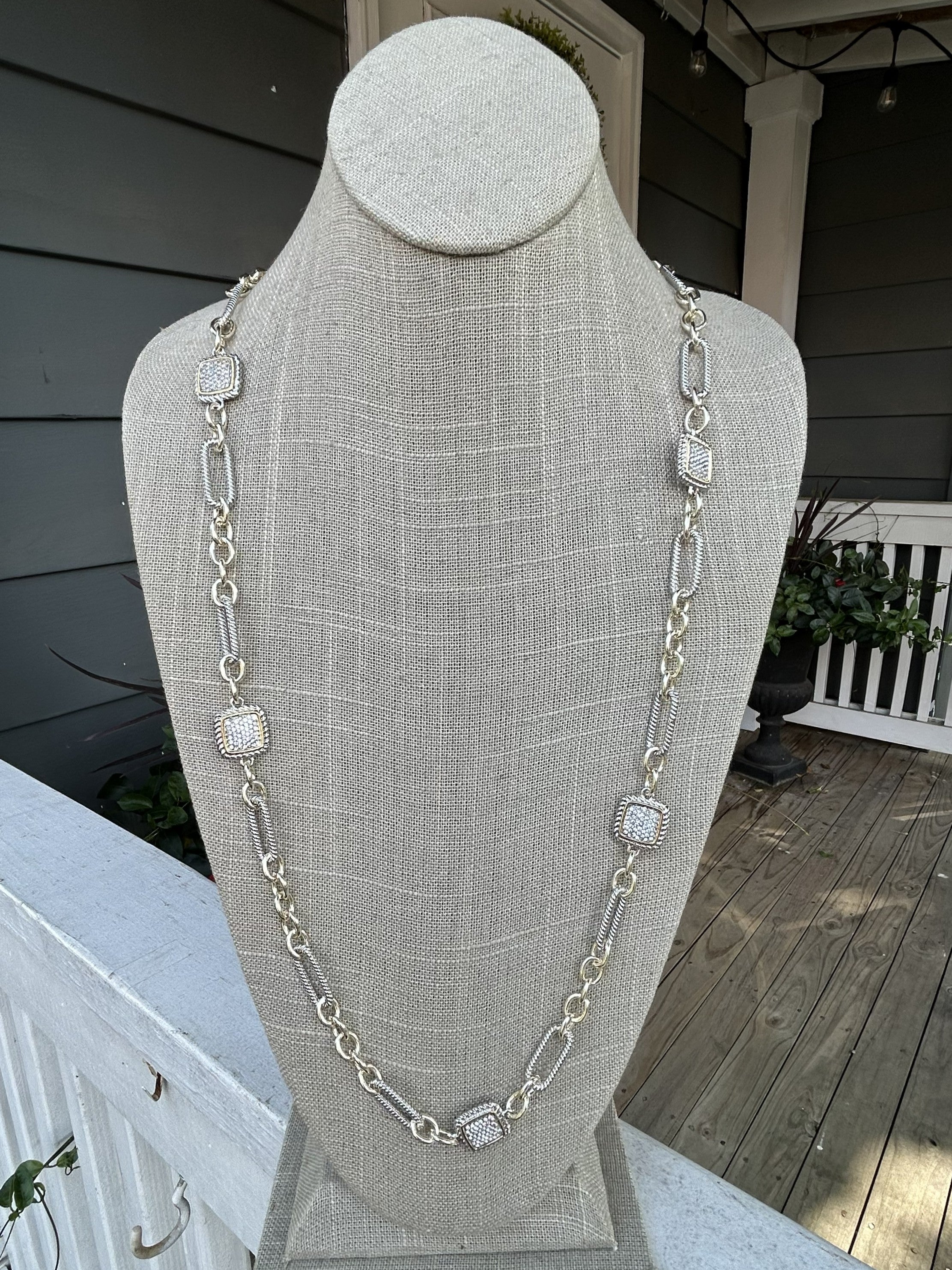 Long Silver Necklace w/ Square Crystal Accents