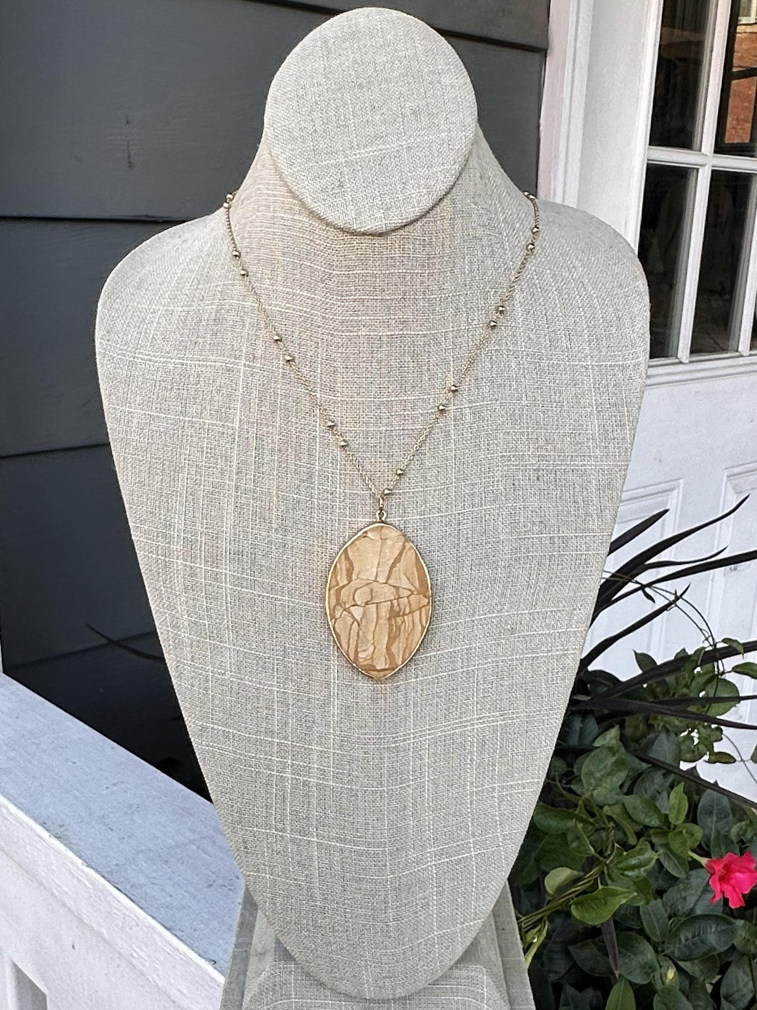 Long Delicate Chain Necklace w/ Beige Stone Pendant