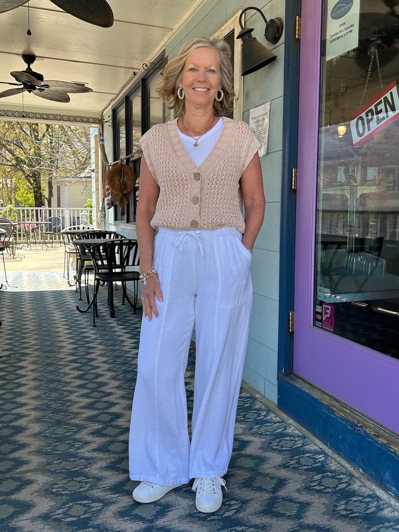 Effortlessly elegant and endlessly wearable, the Solana White Linen Pants bring relaxed sophistication to any wardrobe. Crafted from breathable linen, these pants feature a comfortable elastic waistband with adjustable drawstrings for a customized fit. The flowing wide-leg silhouette flatters every frame, while dual side pockets add practical style. Perfect for warm-weather dressing, from casual weekends to elevated summer occasions.

Material: 55% Linen / 45% Rayon

Care Instructions: Machine Wash Cold