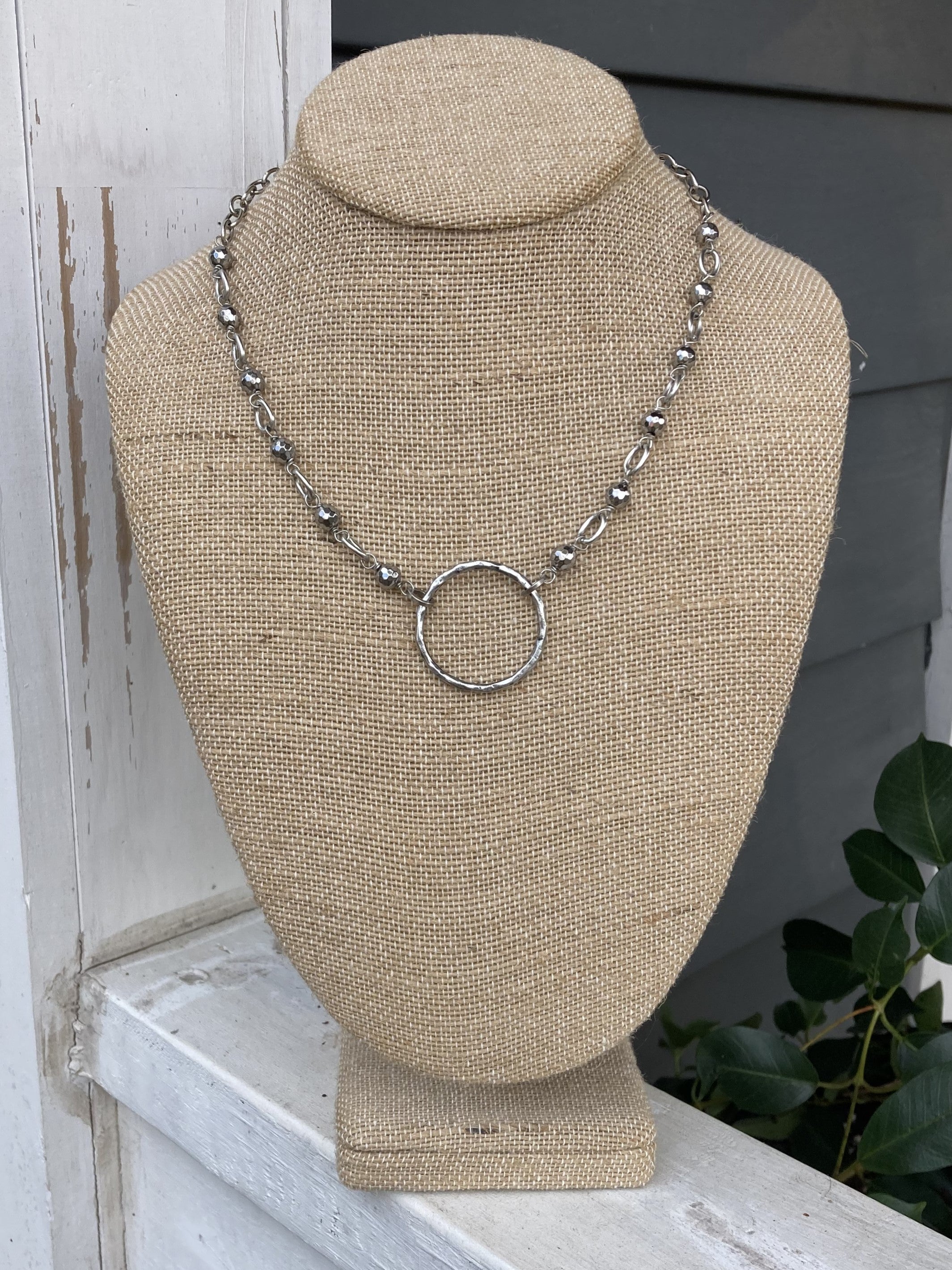 Beaded Necklace with Hammered Circle Pendant