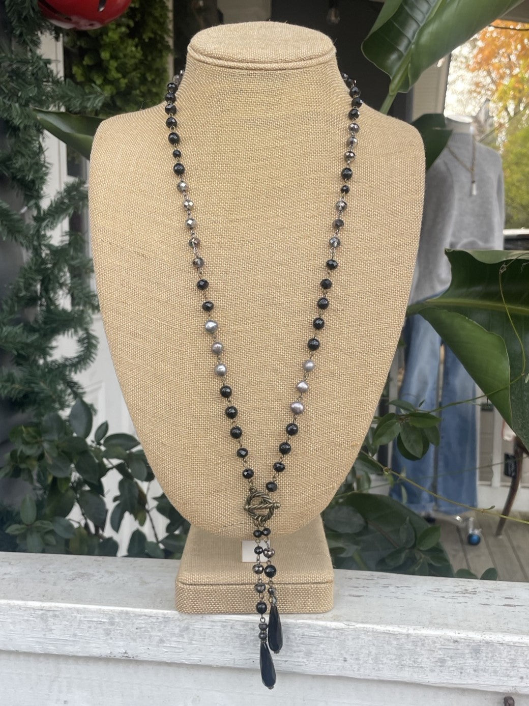 Long Beaded Necklace w/ Spindle Drops