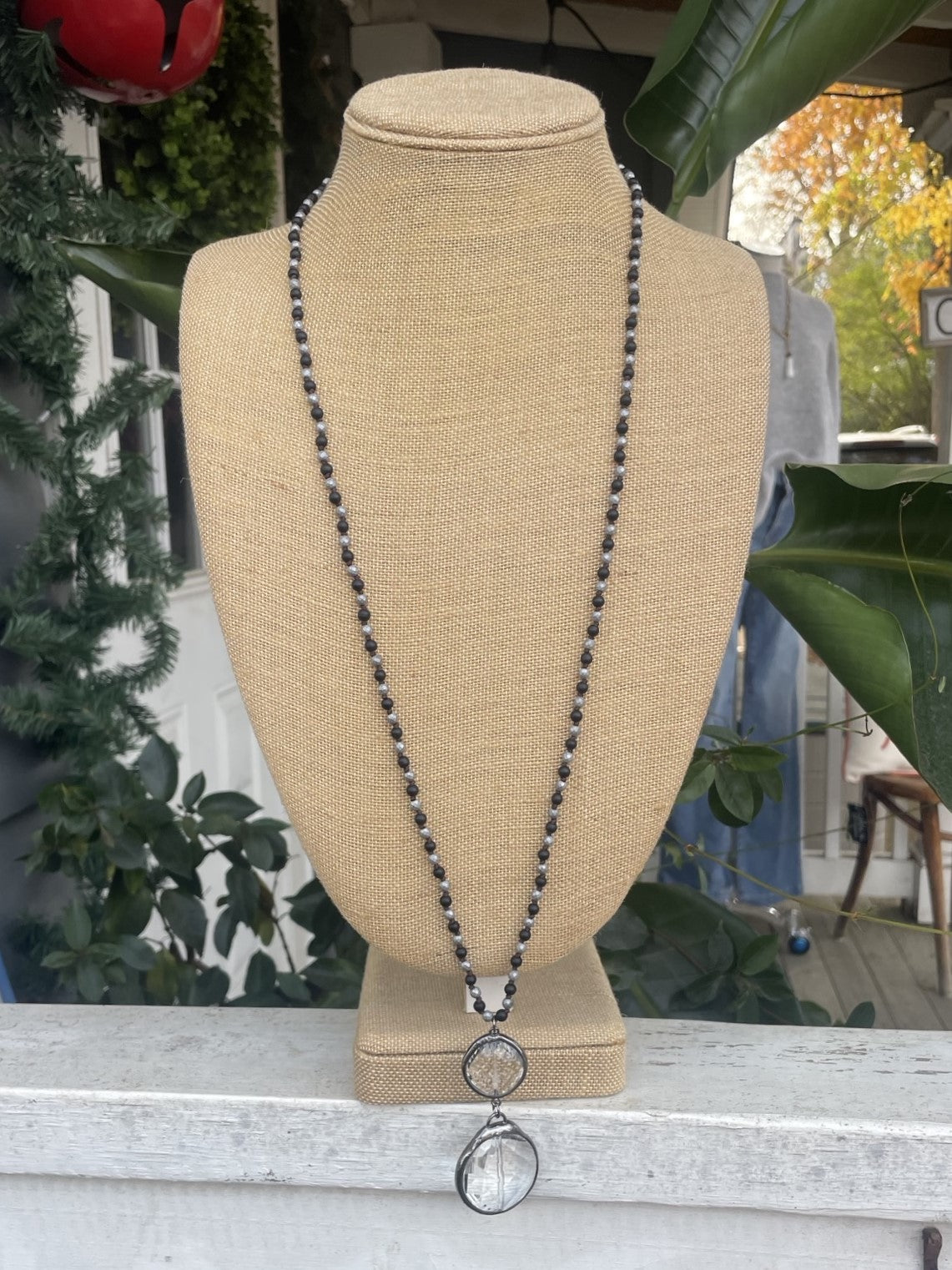 Long Beaded Necklace w/ Double Crystal Drops