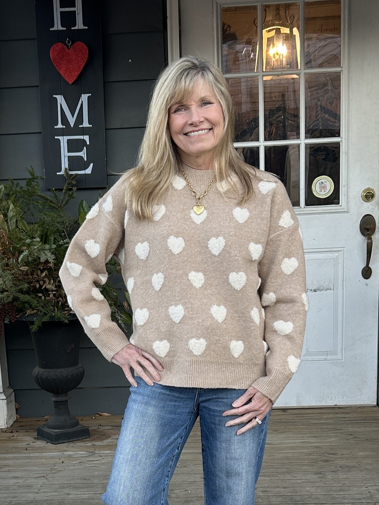 How cute is this cozy and soft Fuzzy Heart Sweater?! With its crew neck and fuzzy heart details, this is the perfect choice for chilly days. Wrap yourself up in this super-cute sweater in mustard yellow with white hearts, or the more traditional black with red hearts.

One Size Fits Most


Material: 70% Acrylic / 15%&nbsp;Polyester&nbsp;/ 8% Nylon / 4%&nbsp;Spandex / 3% Wool

Care Instructions: Hand wash cold, hang/flat dry