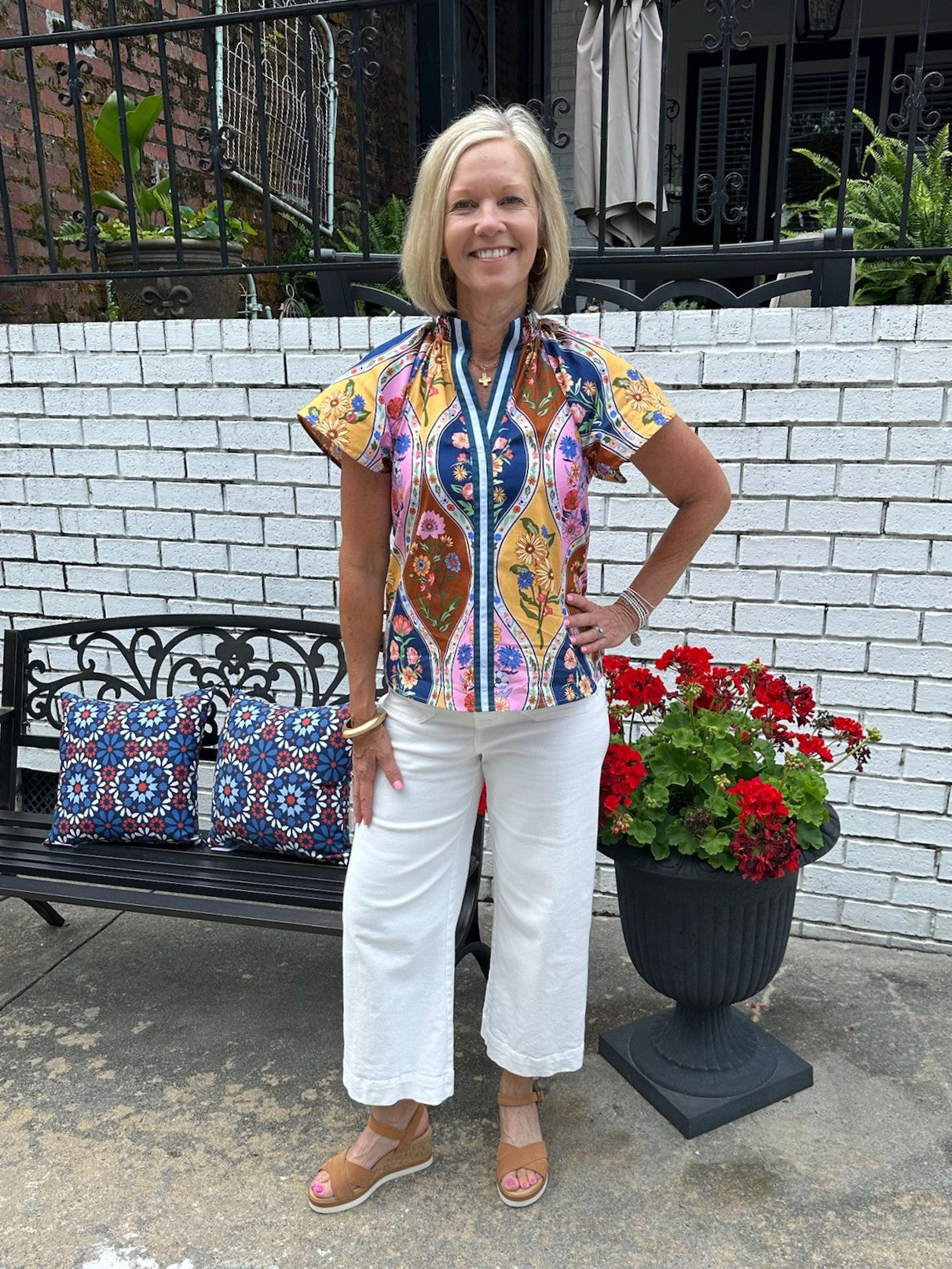 Floral Top w/ Striped Placket