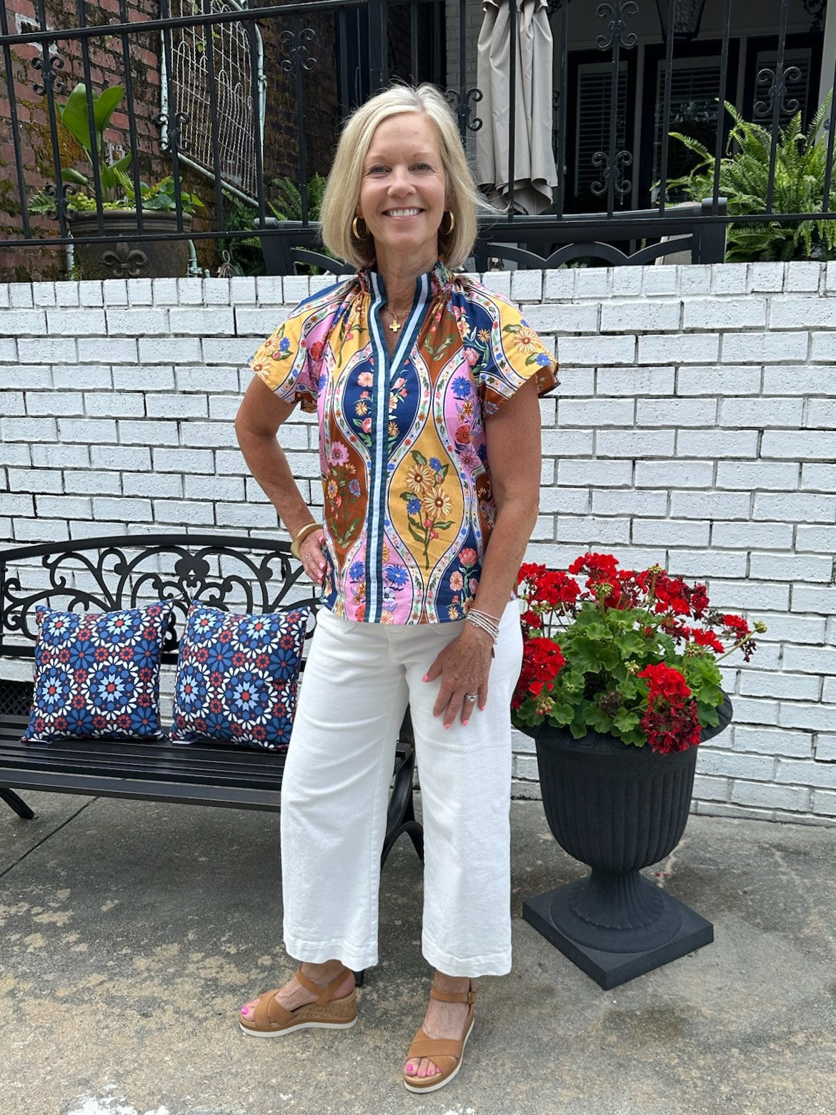 Floral Top w/ Striped Placket