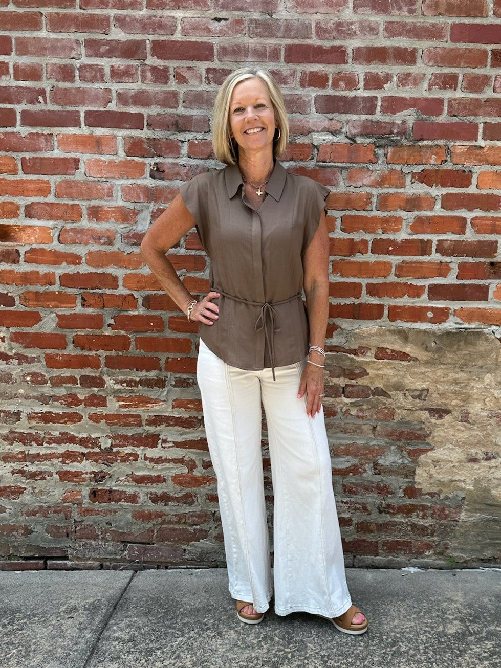 Brown Front Placket Button Down Top