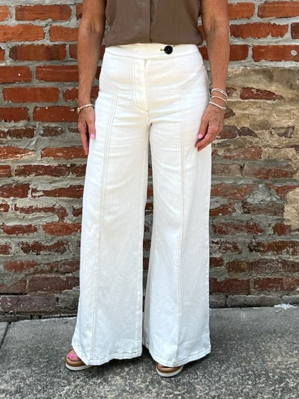 Topstitched High-Waisted Flare Pants in Cream