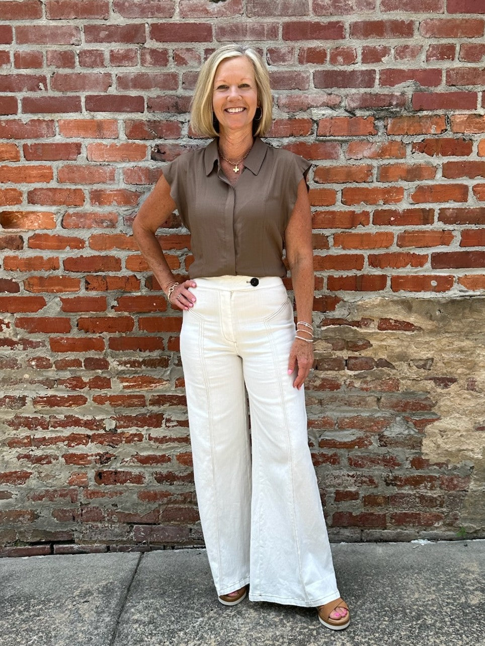 Topstitched High-Waisted Flare Pants in Cream