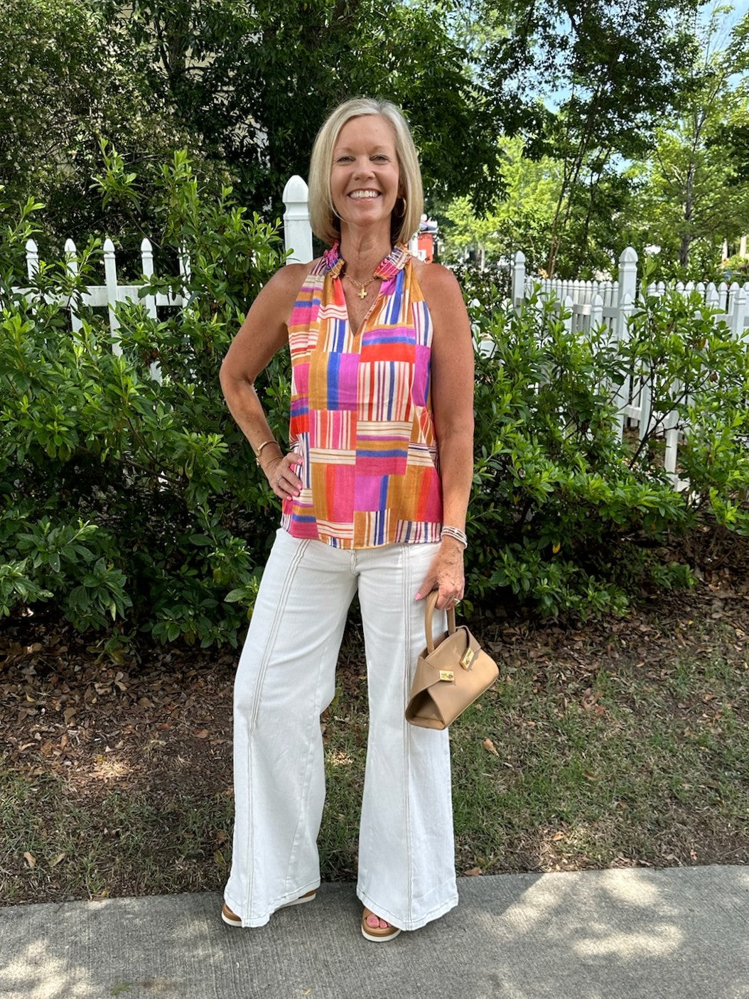 Topstitched High-Waisted Flare Pants in Cream