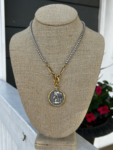 Introducing our new, unique Mixed Metal Necklace featuring a stunning French Coin pendant. The beautiful gold chain with T-bar closure creates a luxurious foundation for the coin pendant. Perfect for adding a touch of bold elegance to any outfit.

Approximate length: 19"