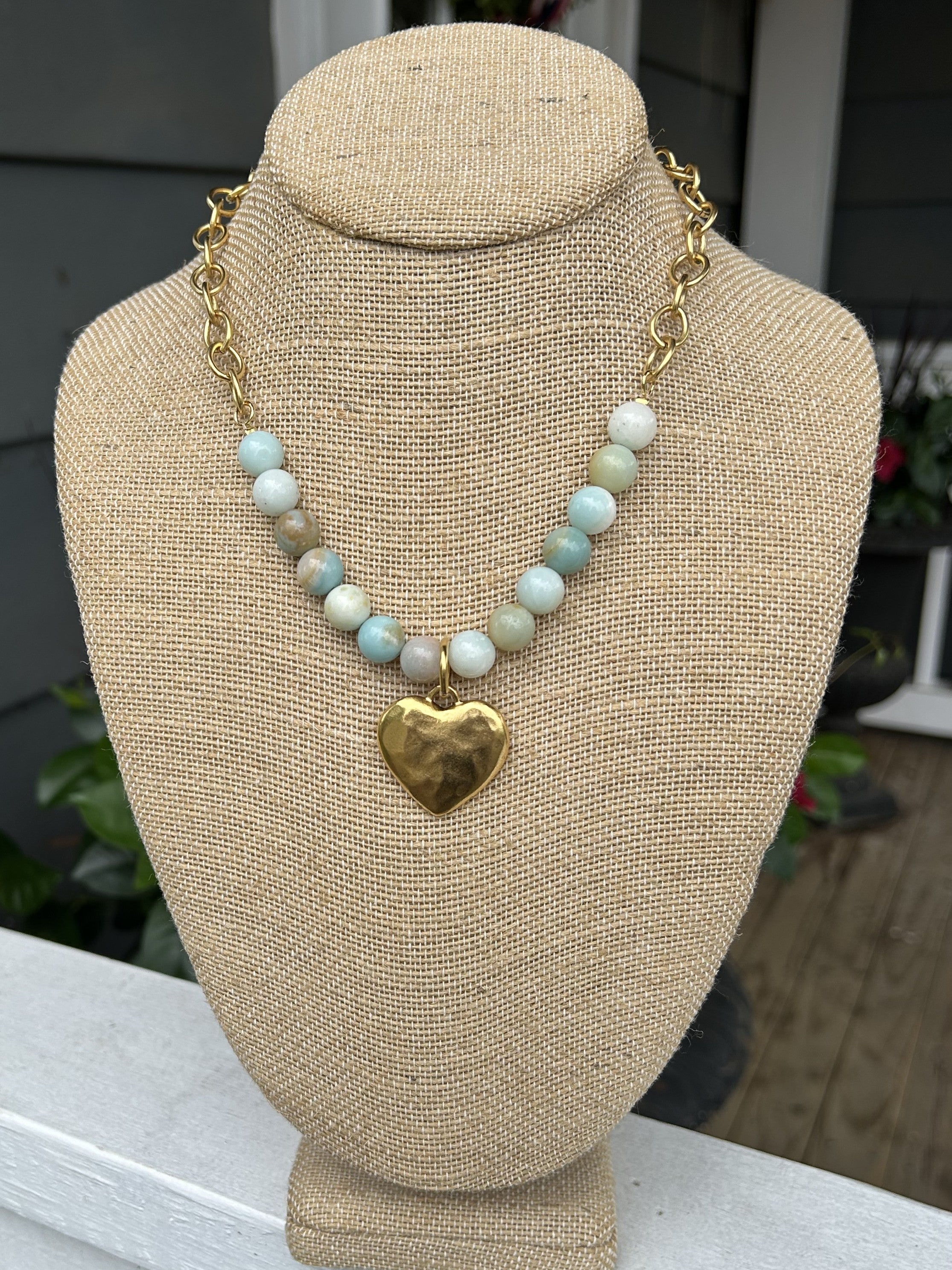 Gold and Beaded Chain Necklace w/ Large Hammered Heart Pendant