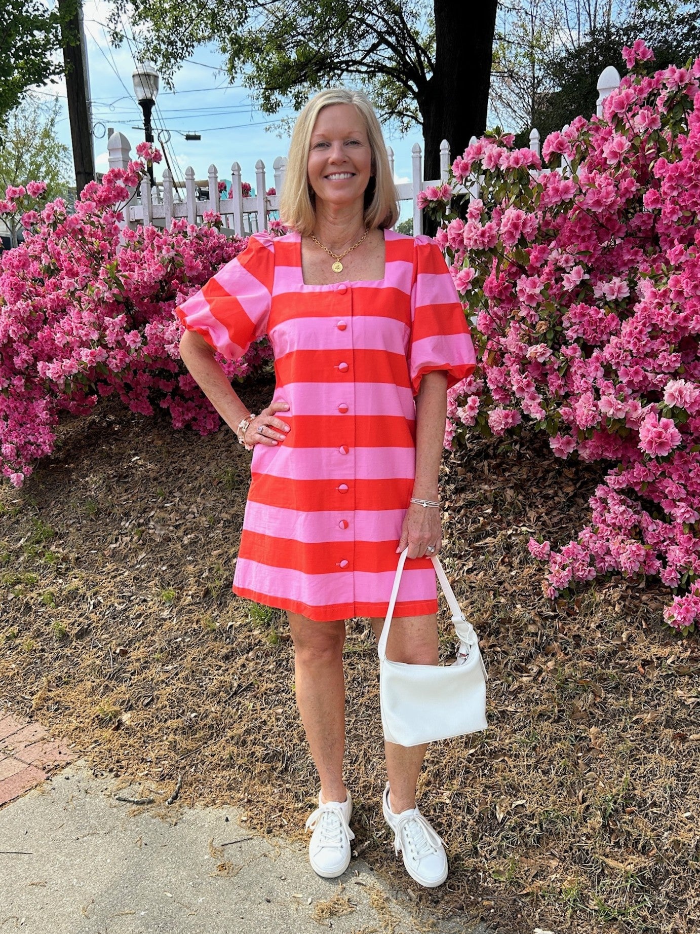 pink and orange striped dress Pink & Orange Striped Midi Halter Dress