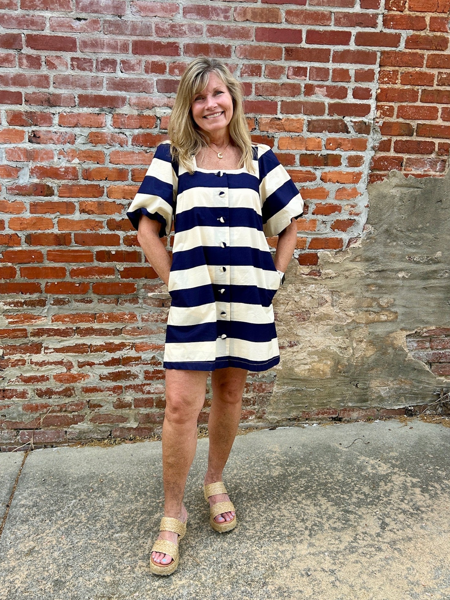 Puffed Sleeve Wide Stripe Dress in Pink & Orange and Navy & Cream