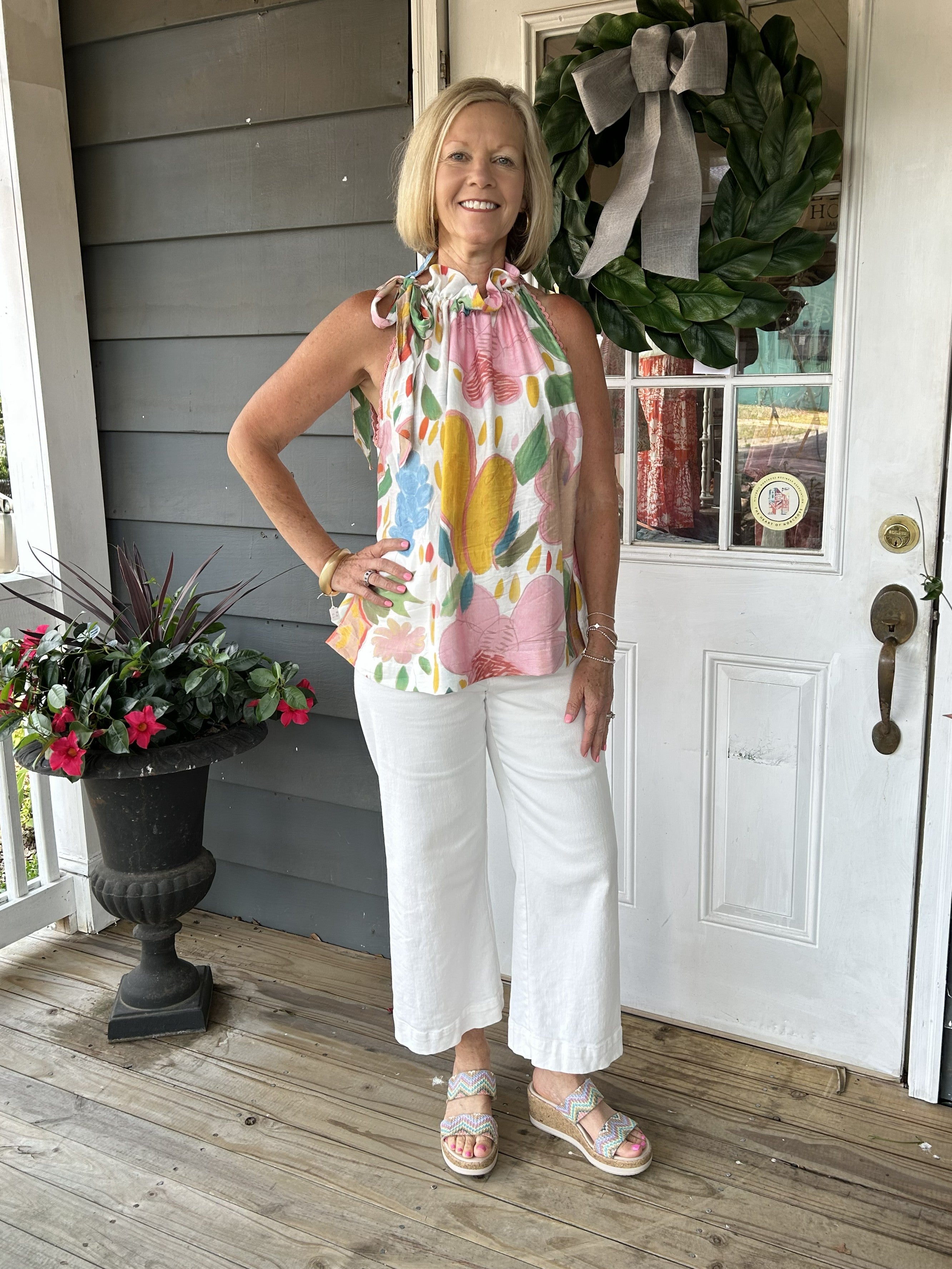 Sleeveless Abstract Print Top w/ Lace Trim