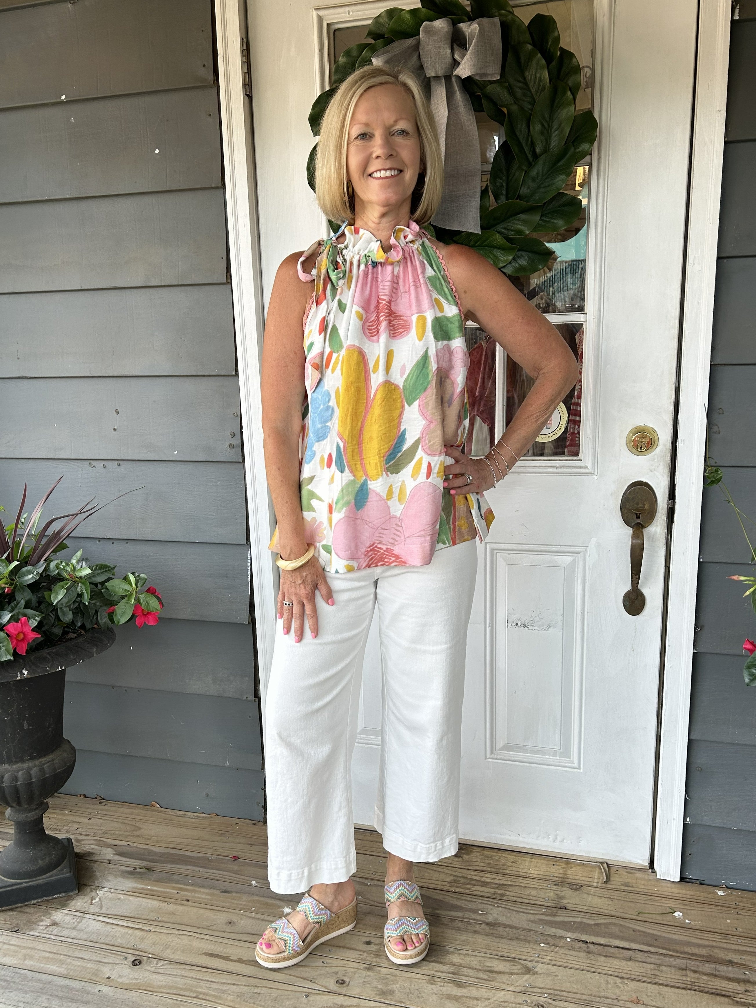 Sleeveless Abstract Print Top w/ Lace Trim