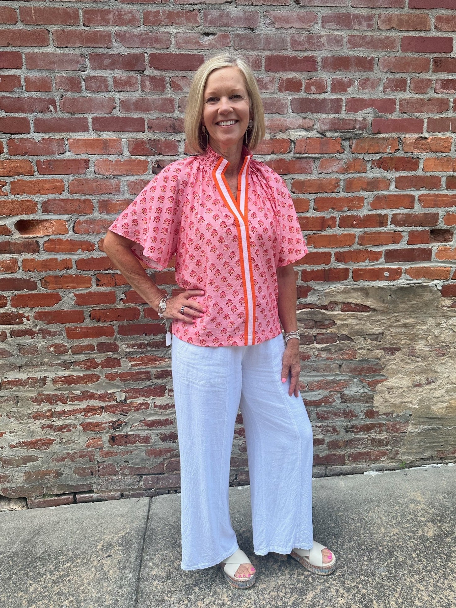 Pink & Orange Top w/ Ruched Collar