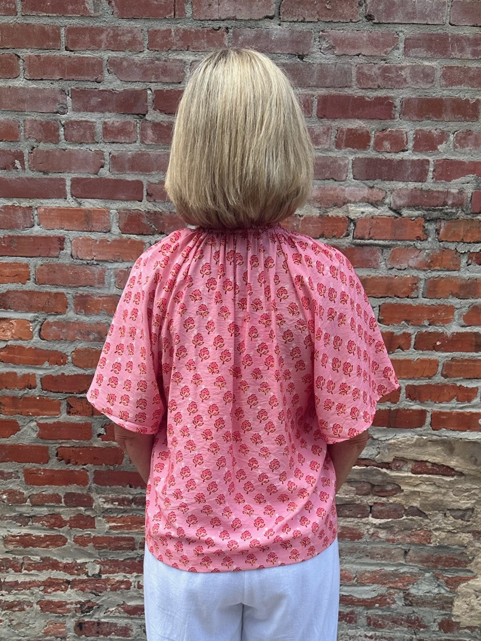 Pink & Orange Top w/ Ruched Collar