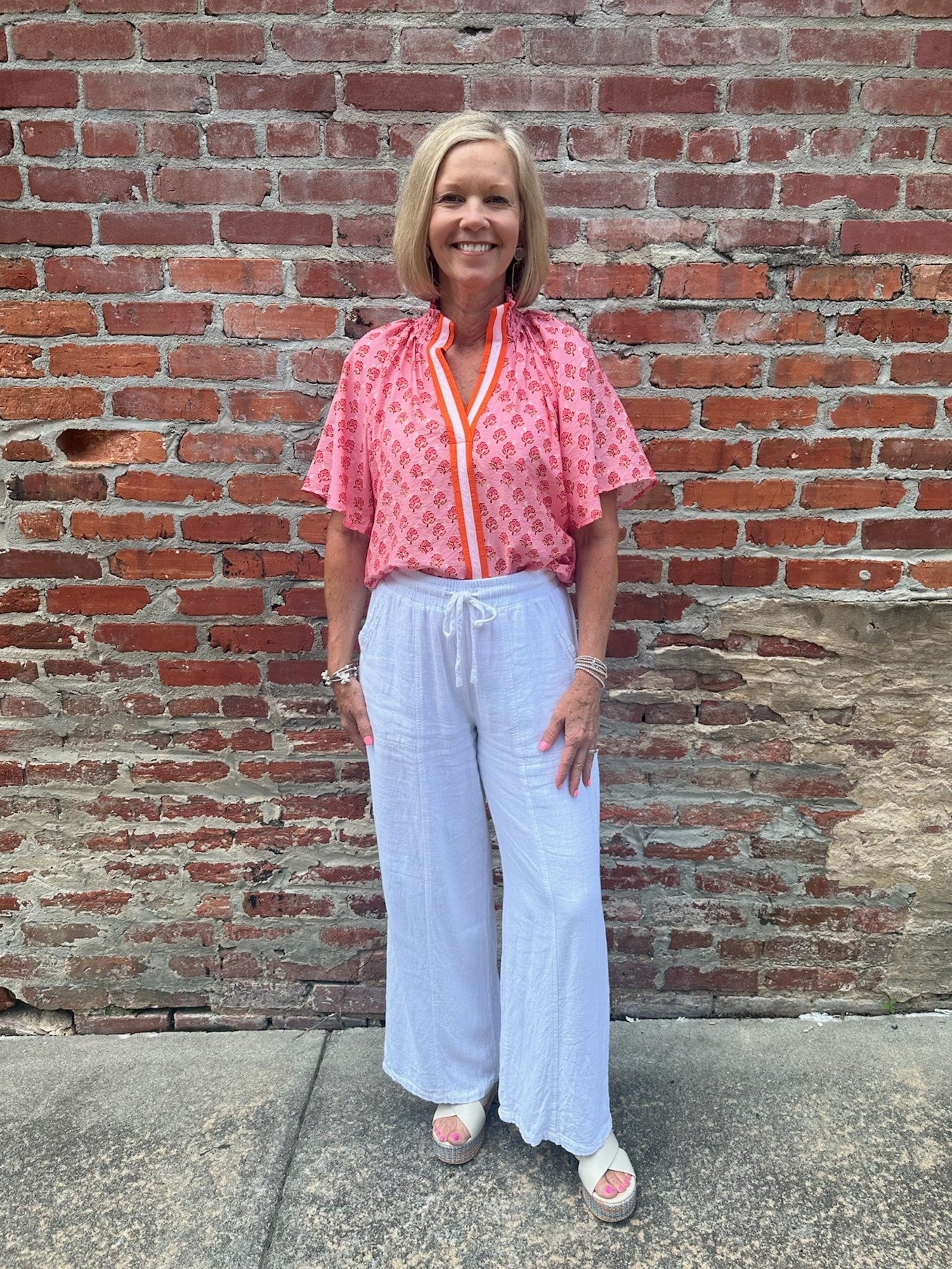 Pink & Orange Top w/ Ruched Collar