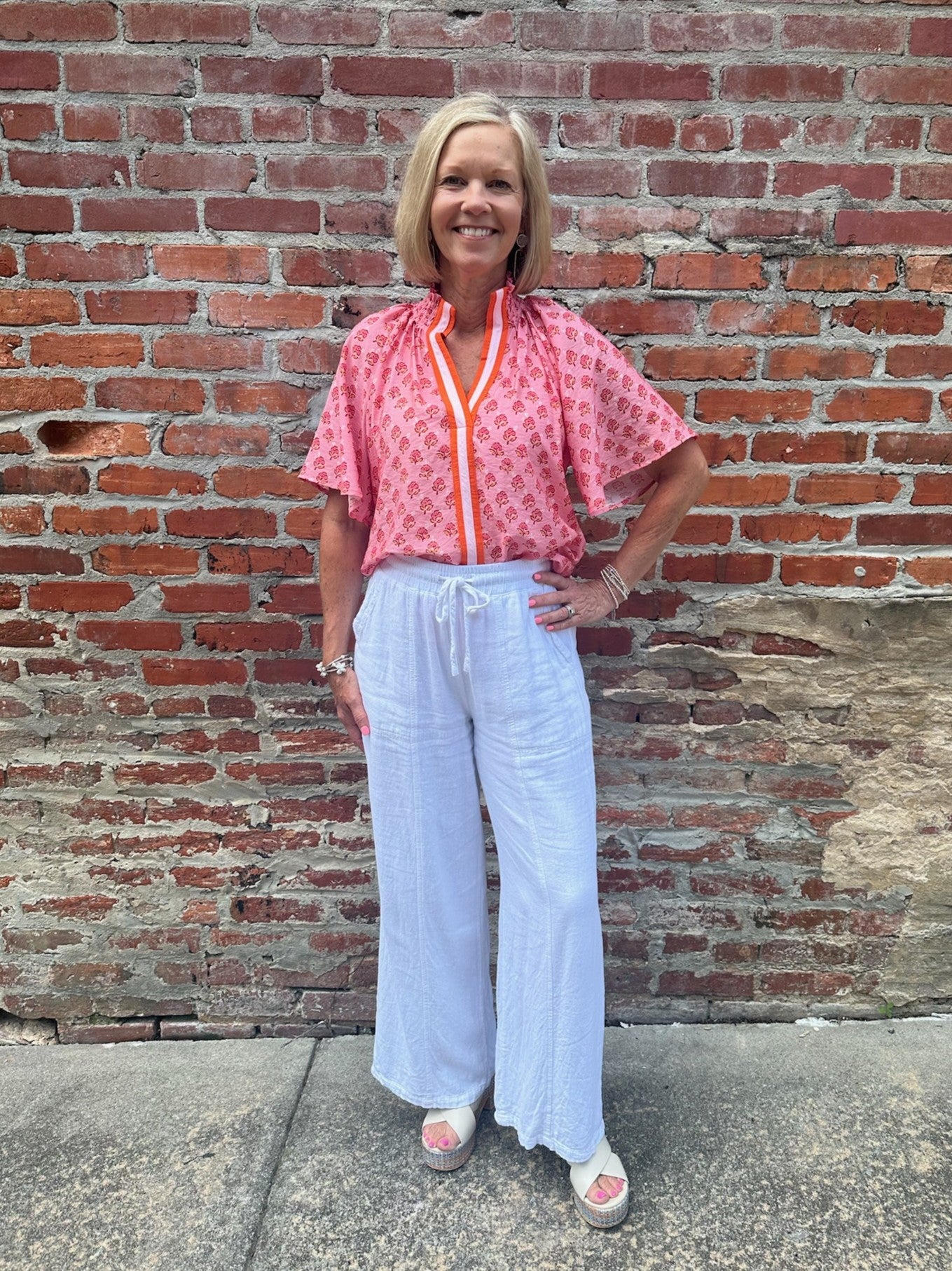 Pink & Orange Top w/ Ruched Collar