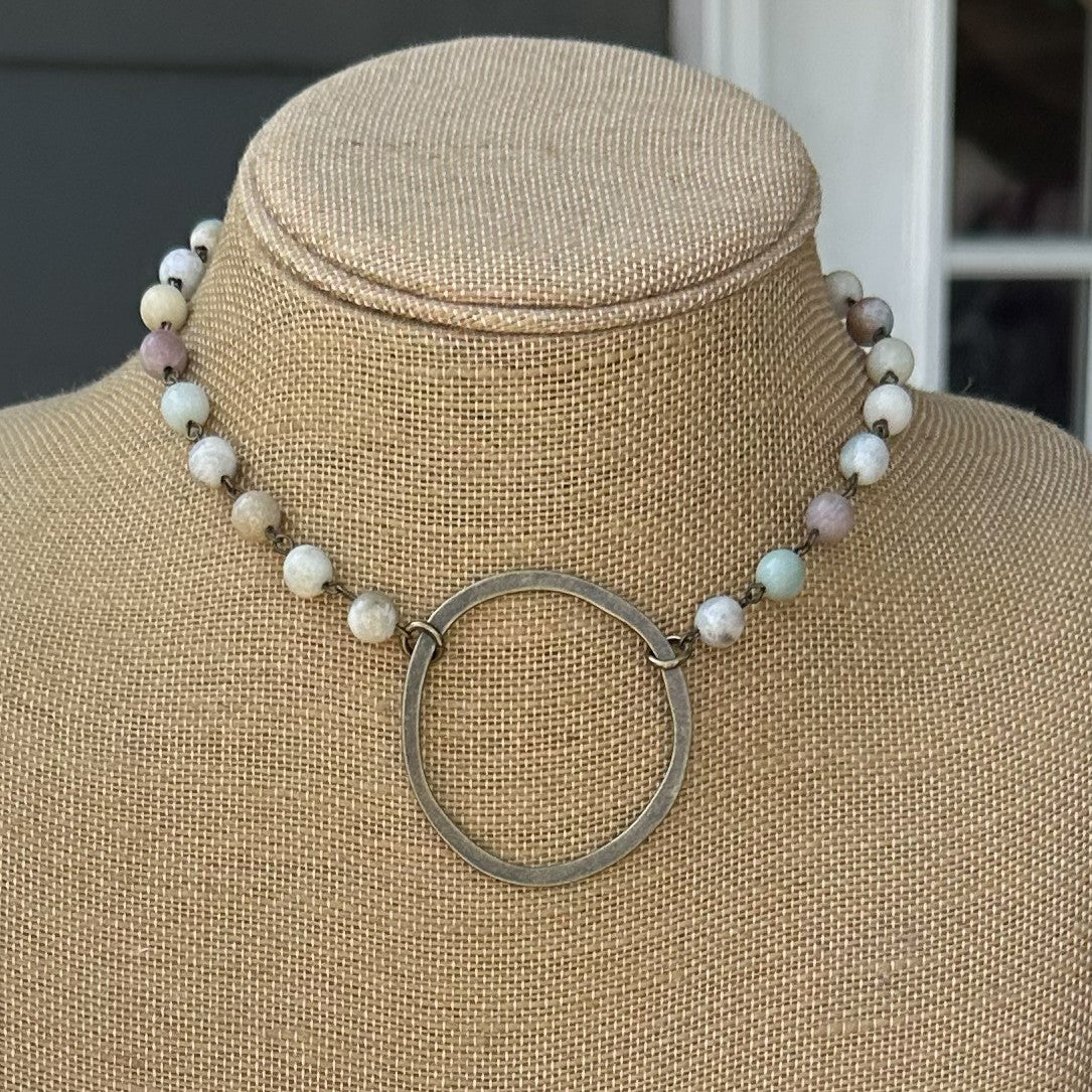 Beaded Necklace with Large Hammered Circle Pendant