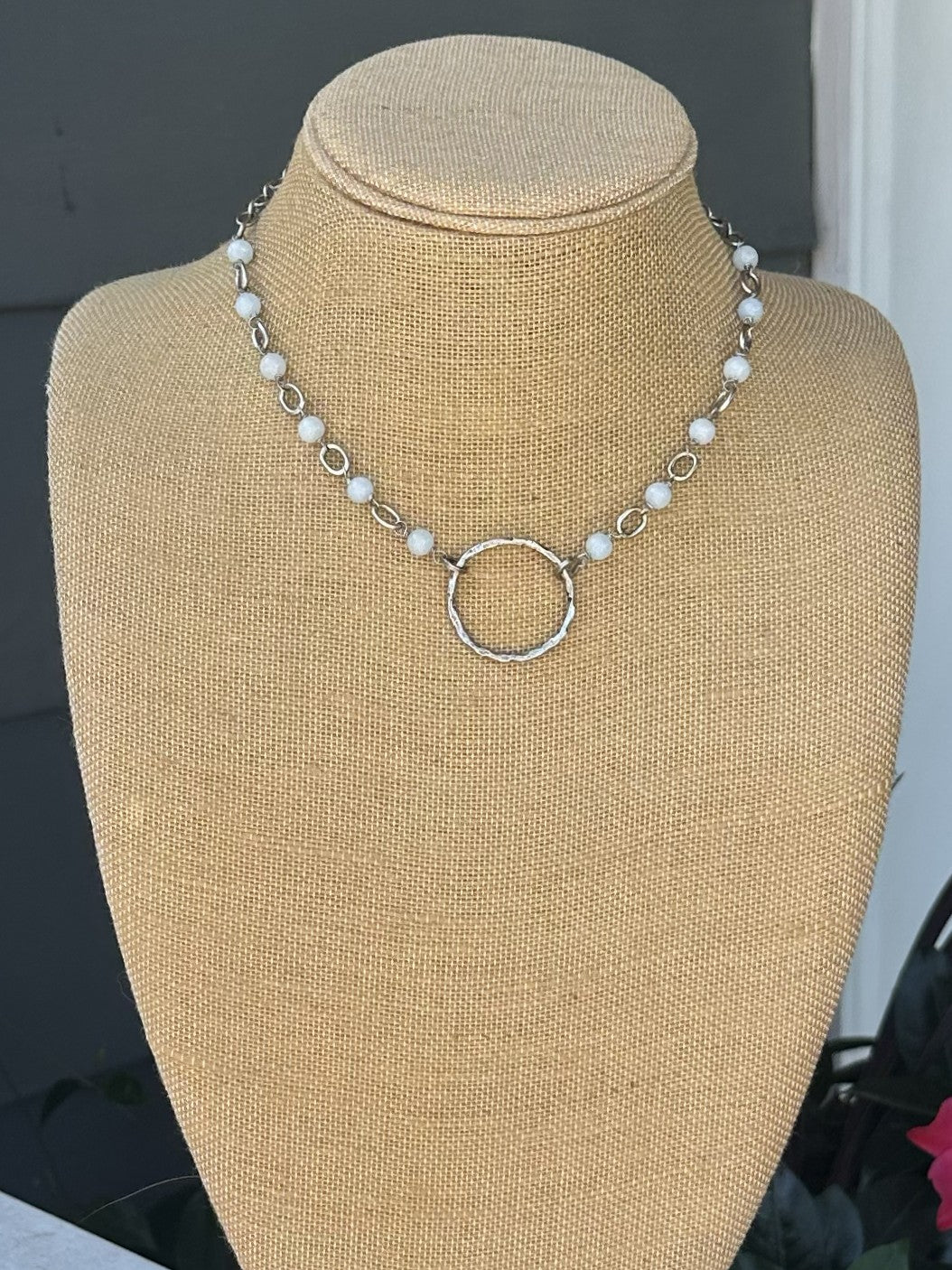 Beaded Necklace with Hammered Circle Pendant