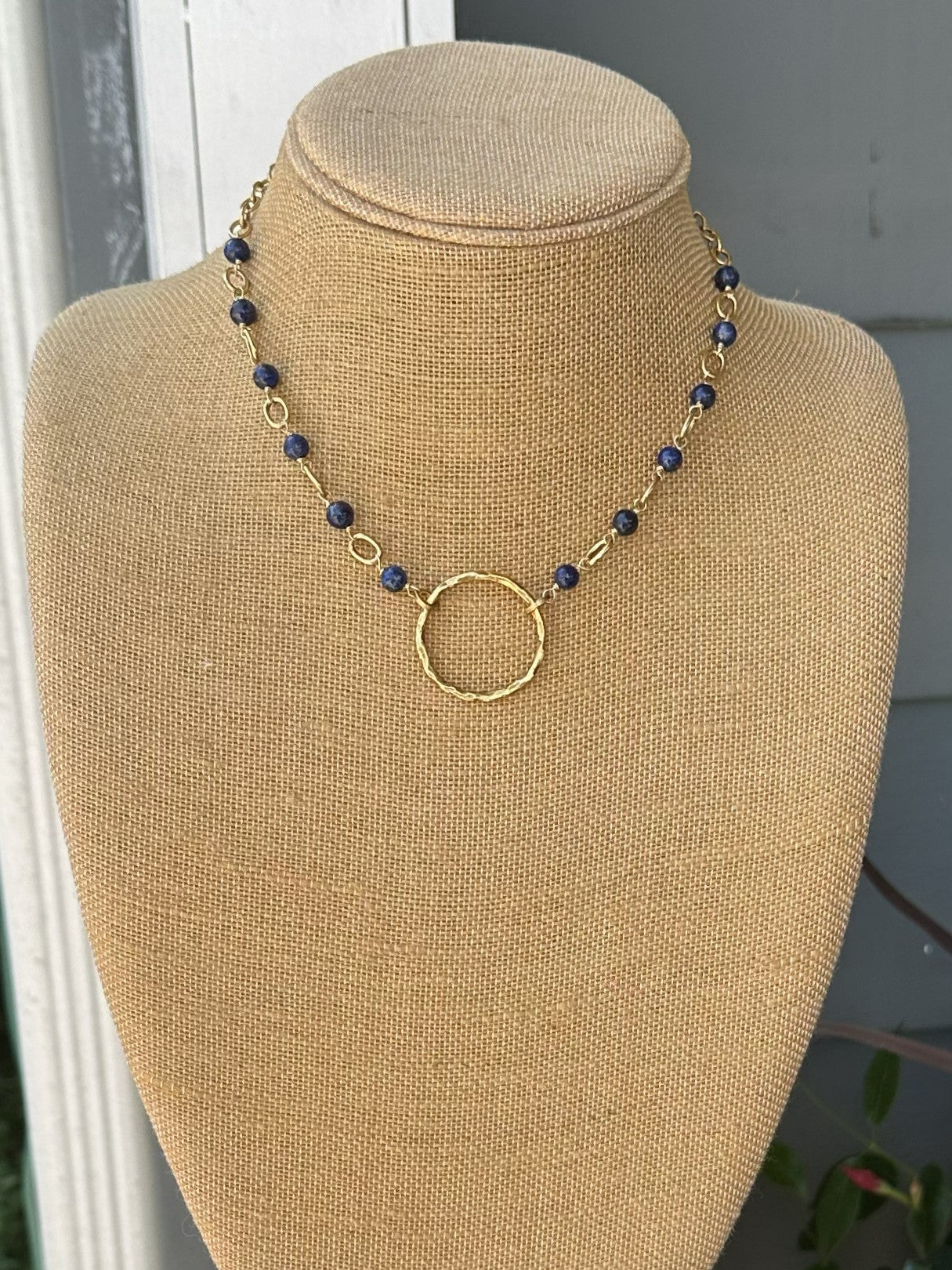 Beaded Necklace with Hammered Circle Pendant