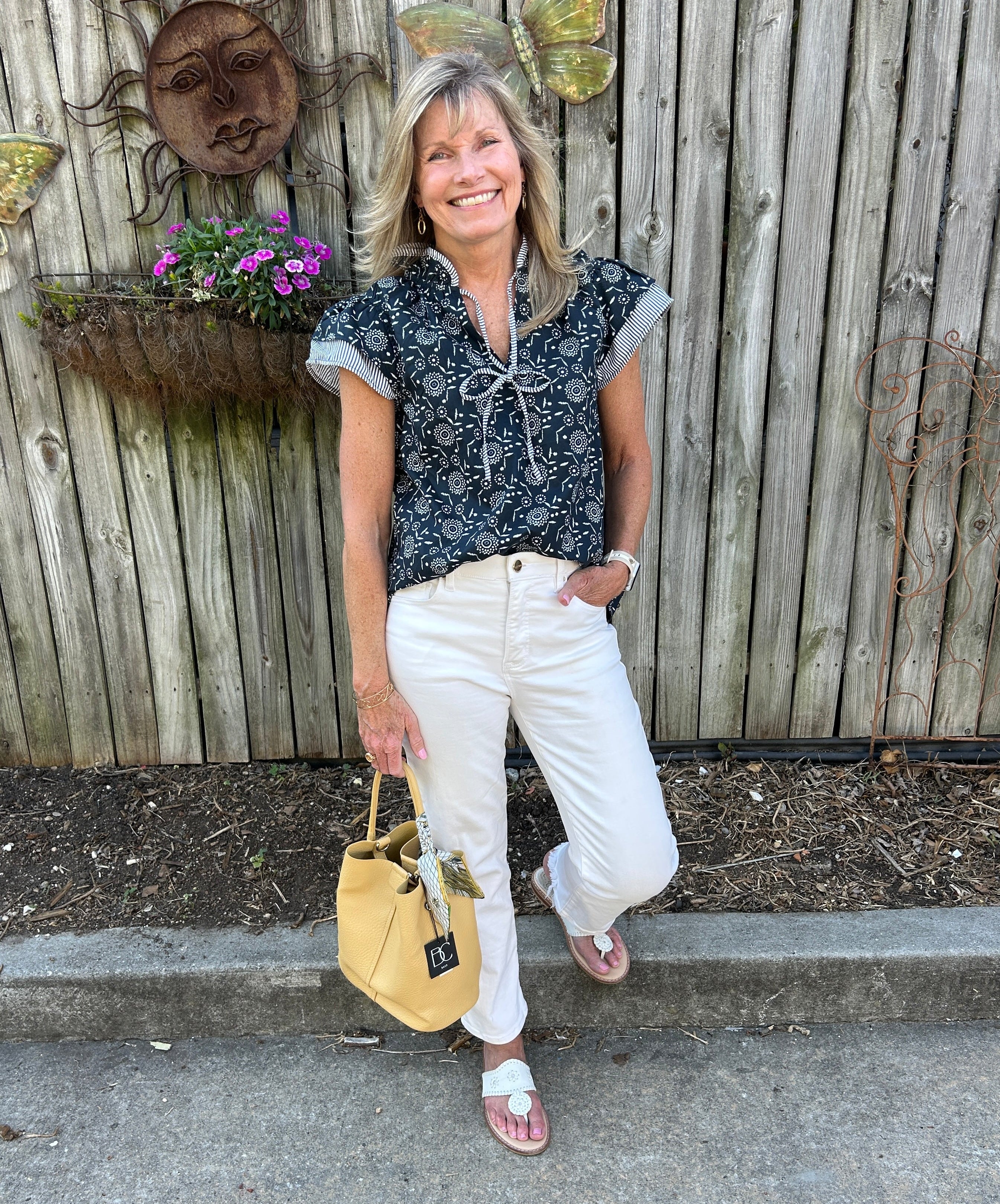 Ruffle Sleeve Navy and White Top w/ Contrasting Striped Trim