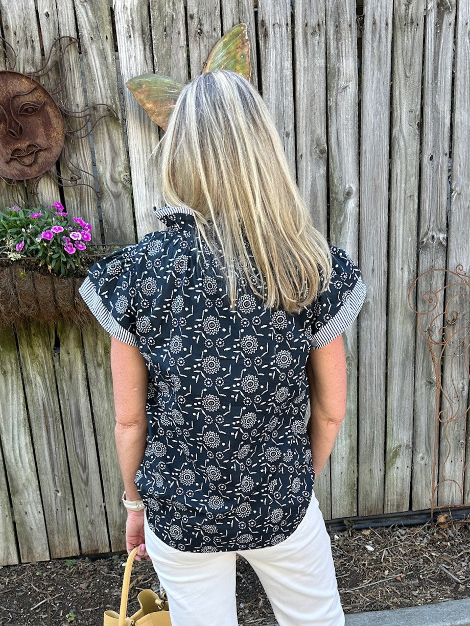 Ruffle Sleeve Navy and White Top w/ Contrasting Striped Trim