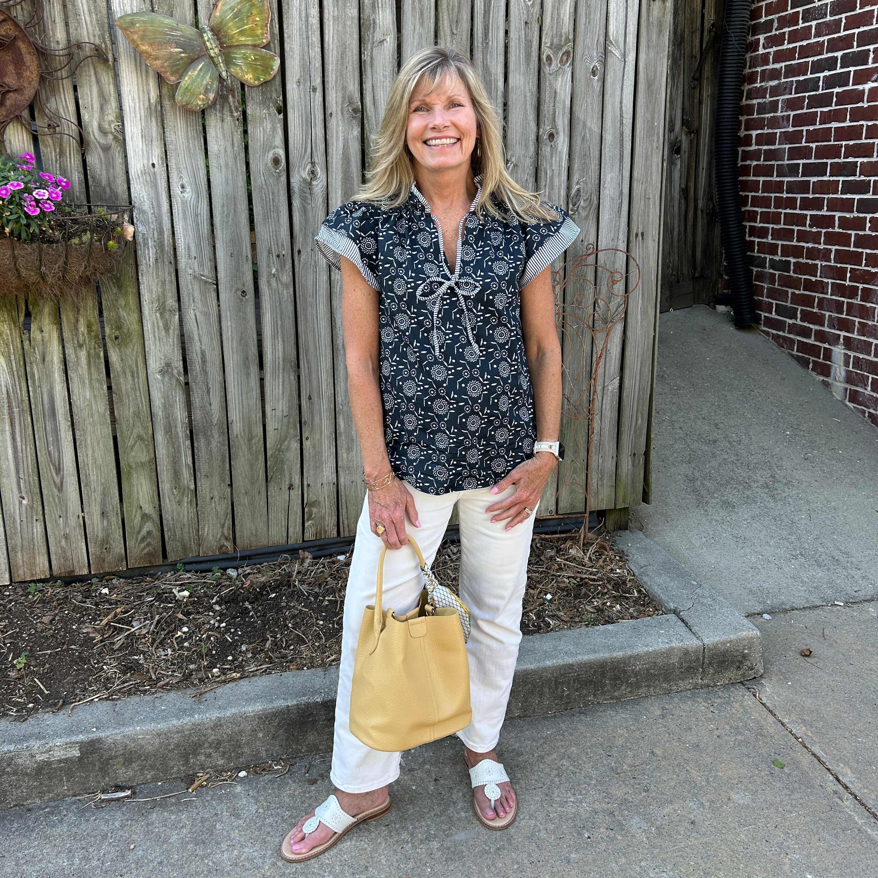 Ruffle Sleeve Navy and White Top w/ Contrasting Striped Trim