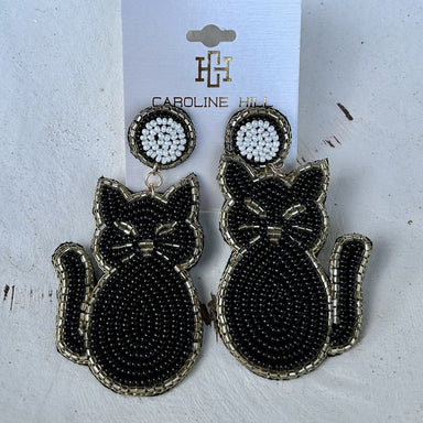 You will have so much fun wearing these beaded & jeweled "black cat" earrings!  A great addition to your outfit to make it fun, and especially during the fall and Halloween season. These post earrings have a beaded round disc at the top, with a hat in black and gold beads/jewels! Too fun!