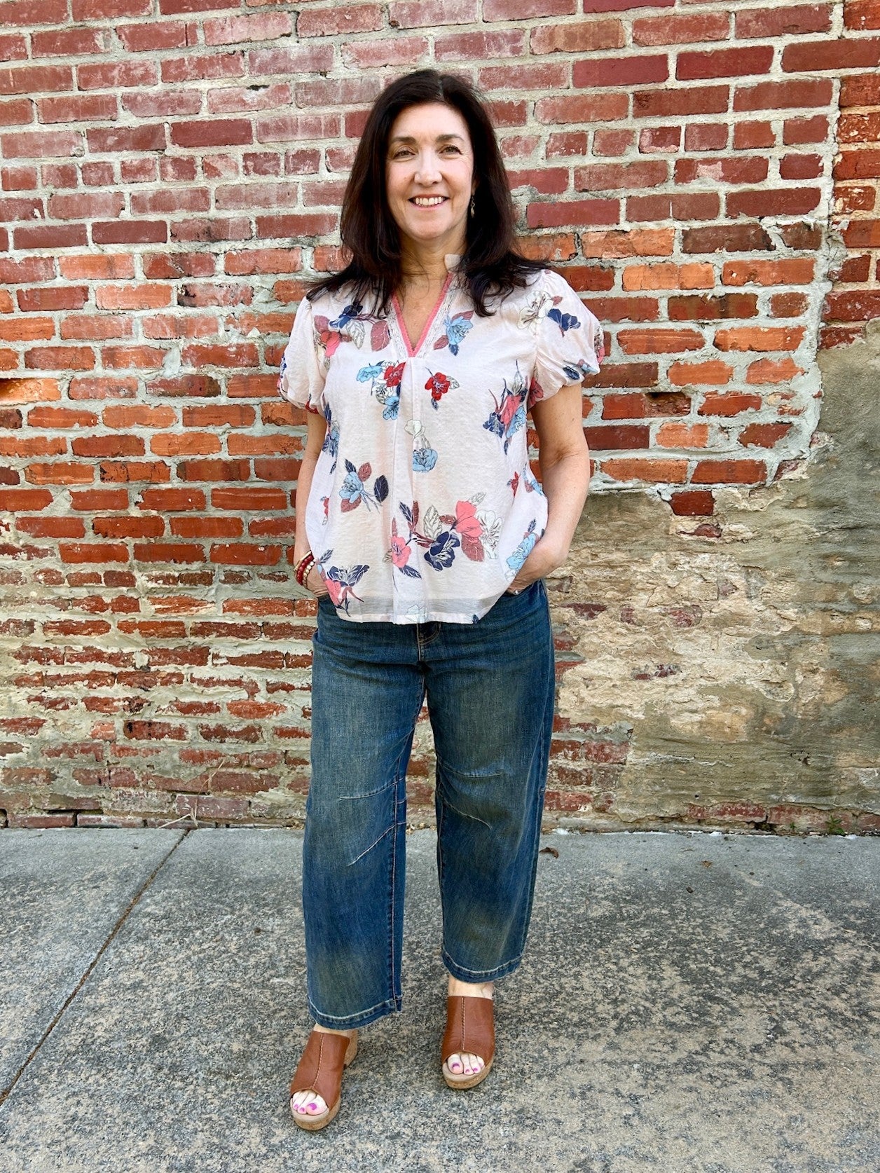 Floral Print Puffed Sleeve Top w/ Lace Placket