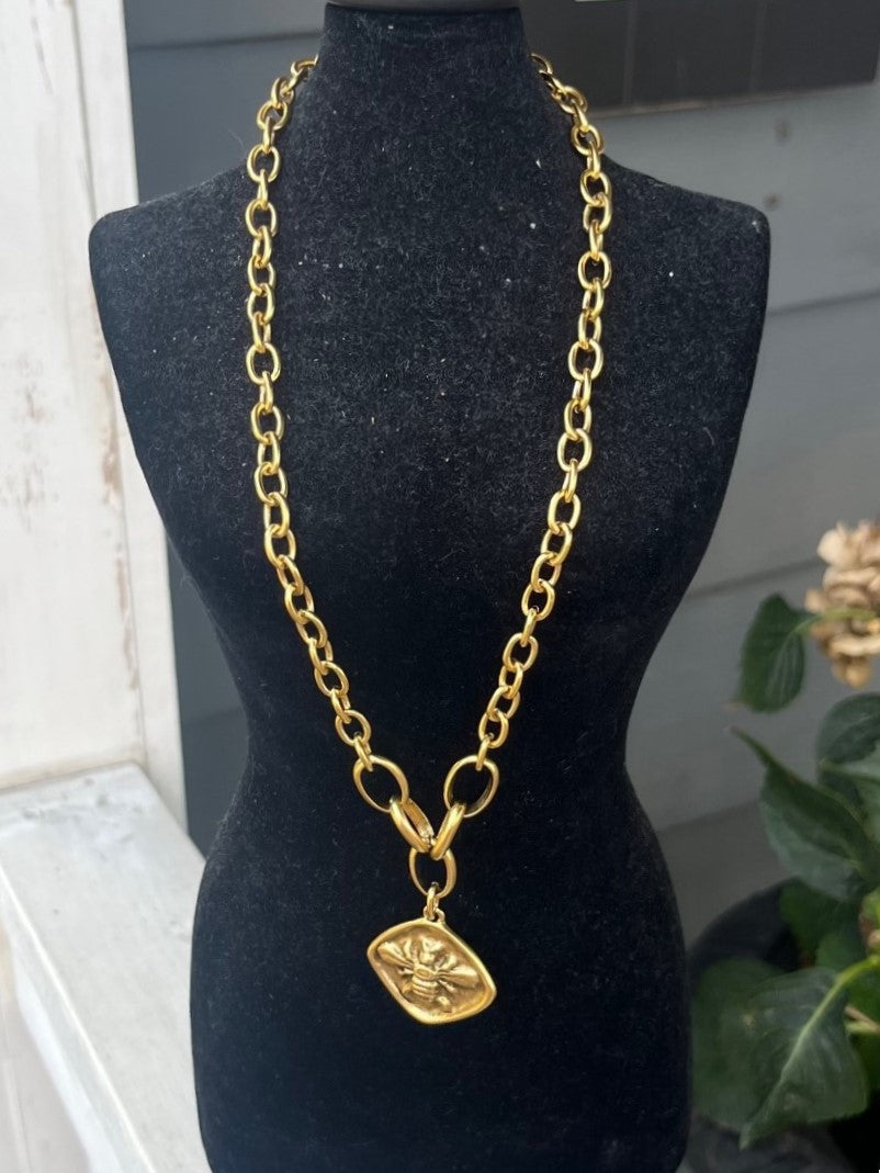 Hammered Gold Necklace with Queen Bee Pendant