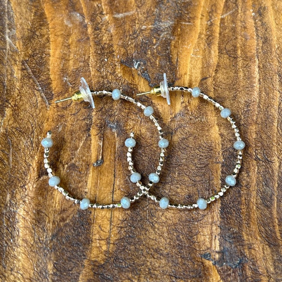Beaded Gold Post Hoop Earrings w/ Gray Beads